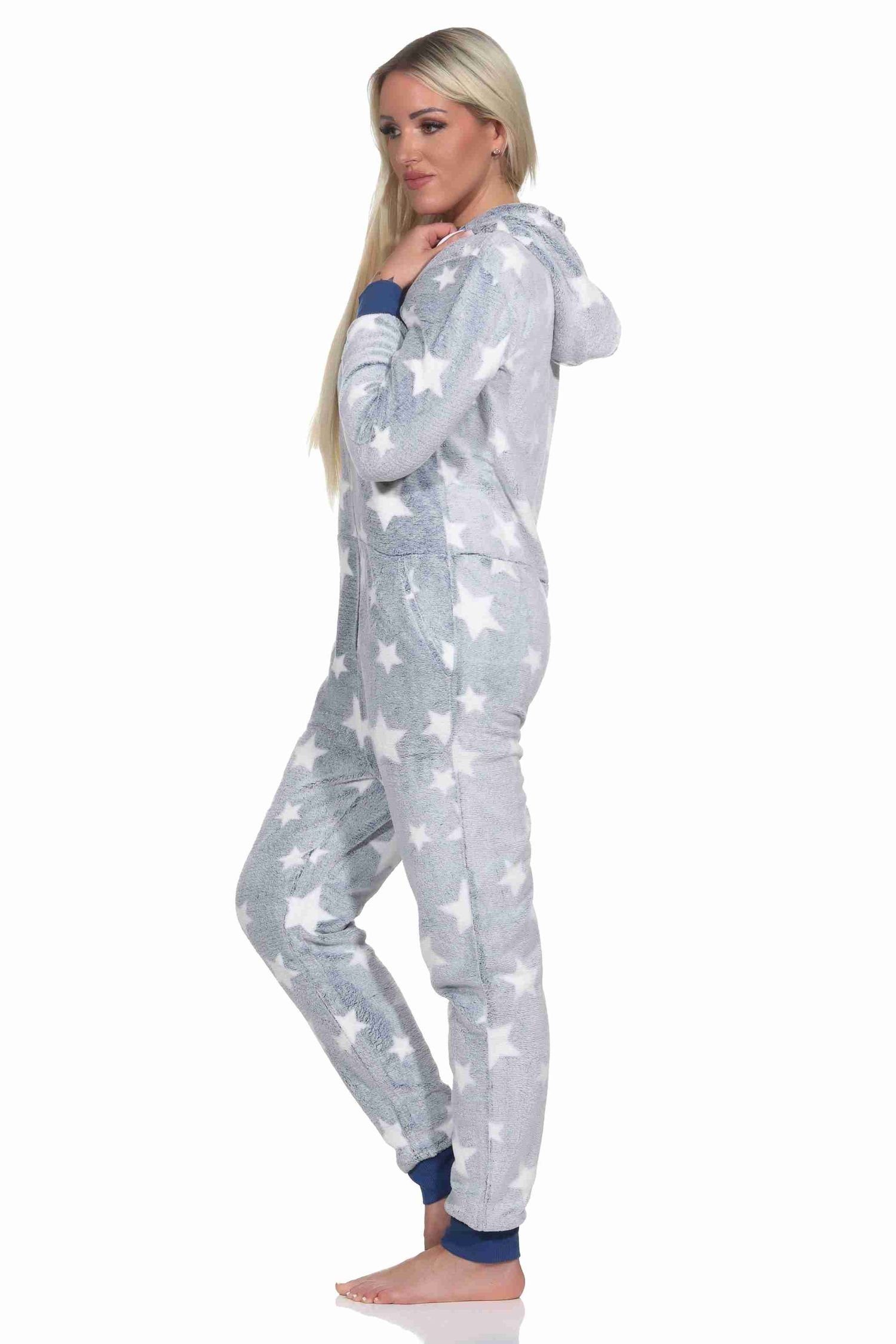 Normann Pyjama Damen Schlafanzug Jumpsuit Overall in Sterneoptik aus  kuschelig warmen Coralfleece