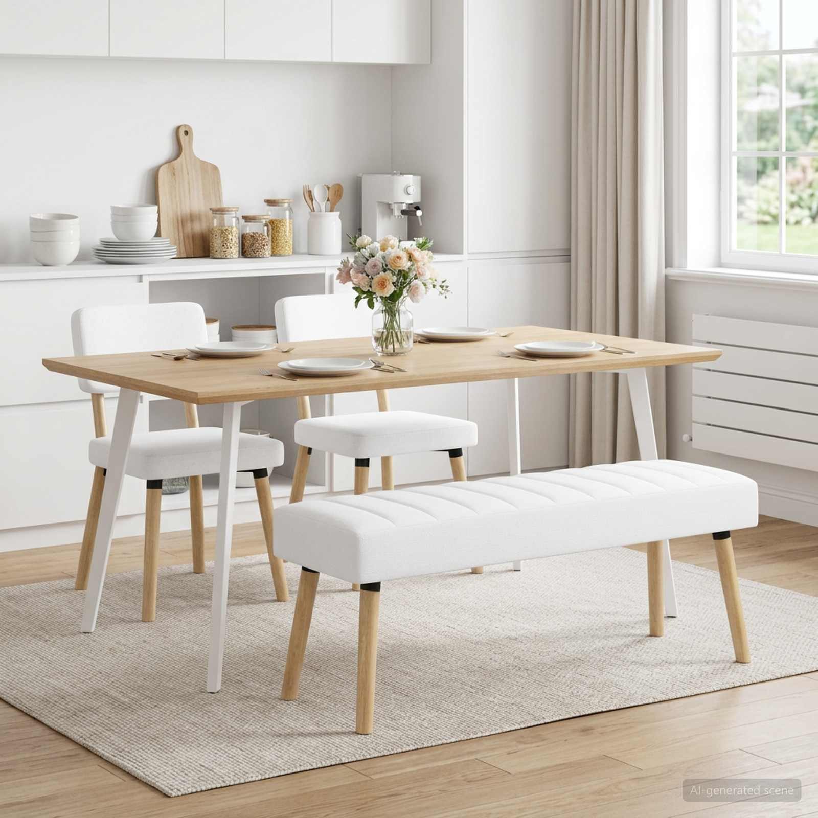 vidaXL Sitzbank Kanalgepolsterte Bank Weiß 110 x 40 x 46 cm Stoff (1-St)
