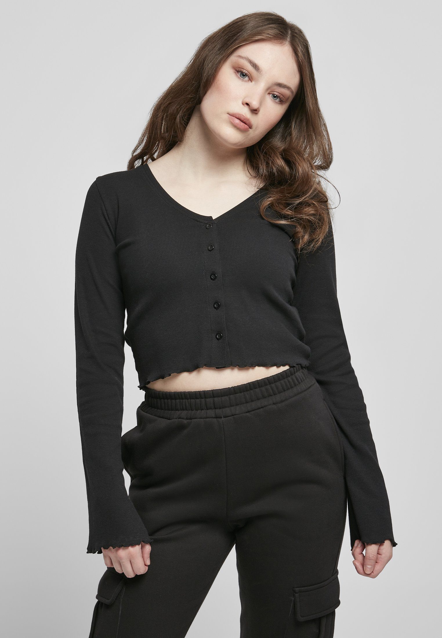 URBAN CLASSICS Langarmshirt Damen Ladies (1-tlg) black Cropped Rib Cardigan