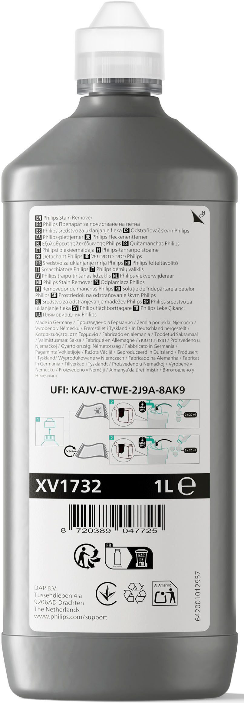 Philips XV1732/01, Reinigungsmittel für Philips Fleckenreiniger XW3192/XW3193 Flüssigreiniger (haustier- und familienfreundlich, 25 Reinigungsvorgänge in 1 Flasche)