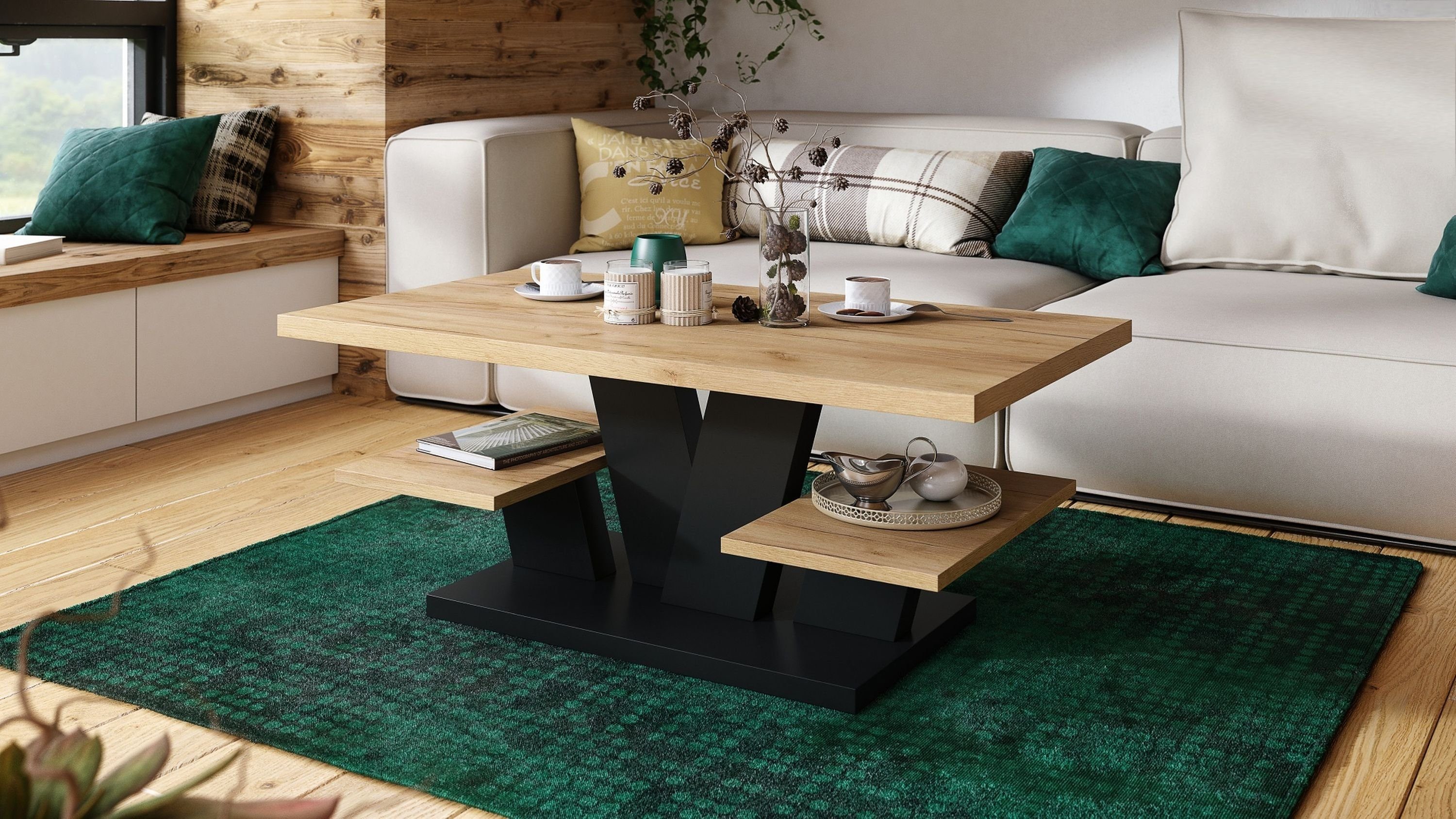 designimpex Couchtisch Design Viva Tisch Wohnzimmertisch 110x60x45 cm mit Ablagefläche Eiche Gold craft / Schwarz matt
