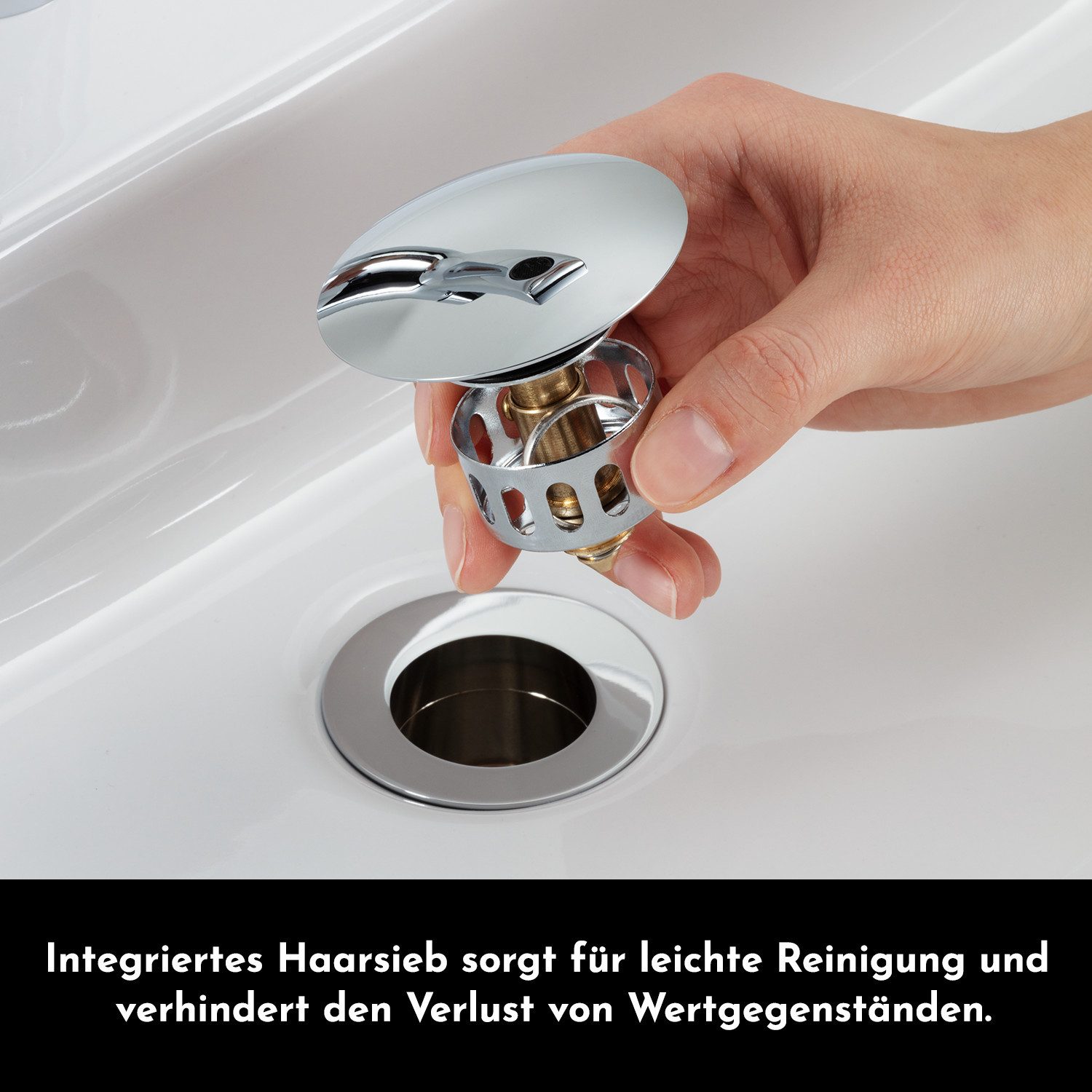 Bürstenking Ablaufgarnitur Ø 63/66 mm – Push-Open Ablaufventil - mit & ohne Überlauf & Haarsieb Push-Open / Pop-Up