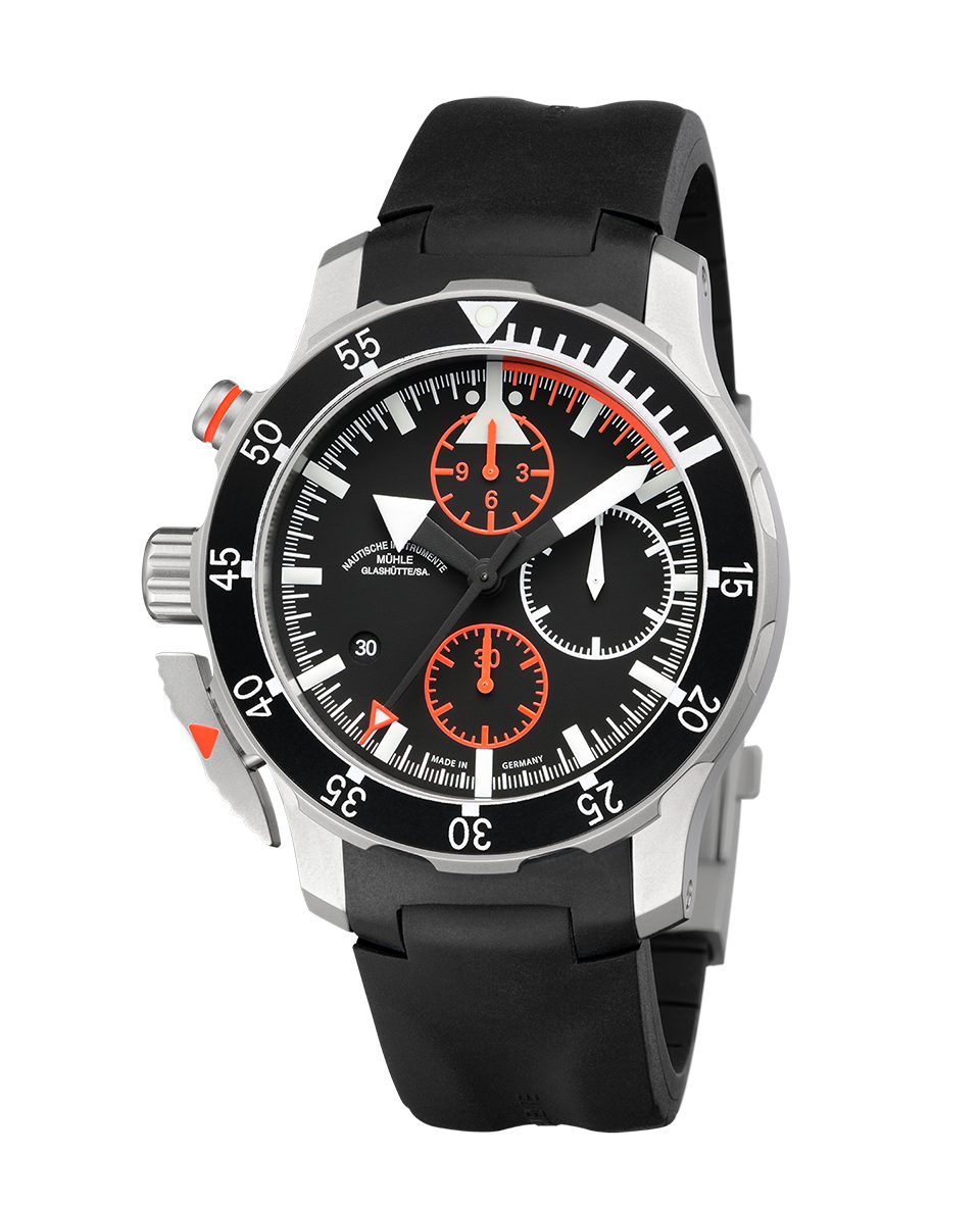 Nautische Instrumente Mühle Glashütte/Sa. Automatikuhr Herrenuhr Glashütte Automatik S.A.R. Fliegerchronograph, Krone und Drücker links
