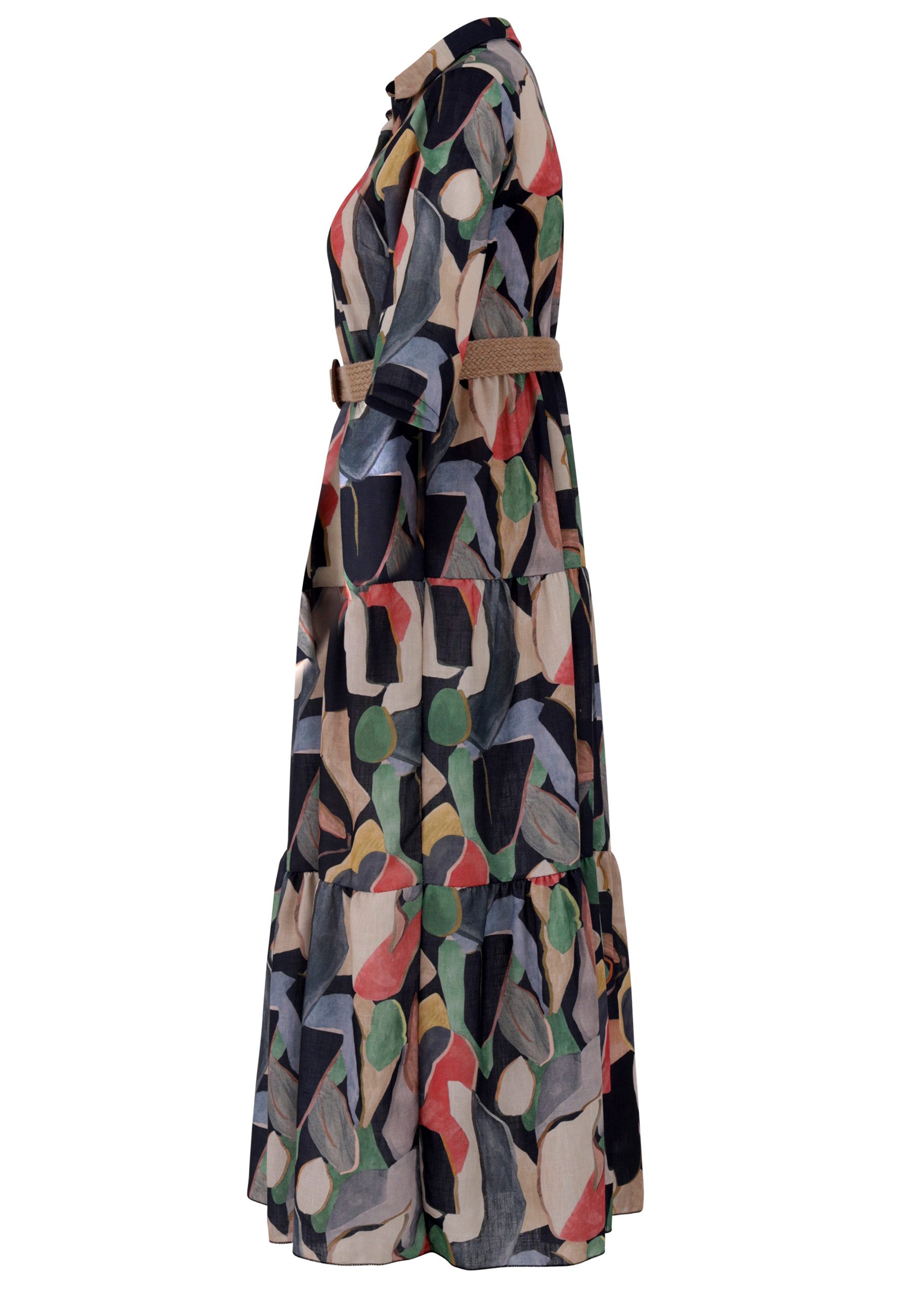 YC Fashion & Style Maxikleid Leinenkleid mit Bindegürtel & Stufenrock mit Alloverdruck