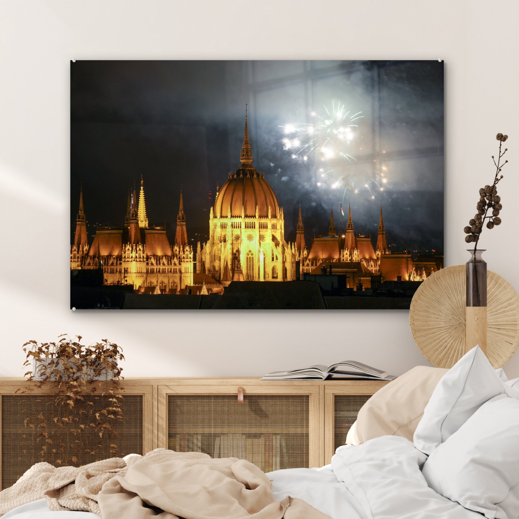MuchoWow Acrylglasbild ungarischen am Wohnzimmer St), & Nacht, der Feuerwerk Parlamentsgebäude (1 Schlafzimmer Acrylglasbilder in