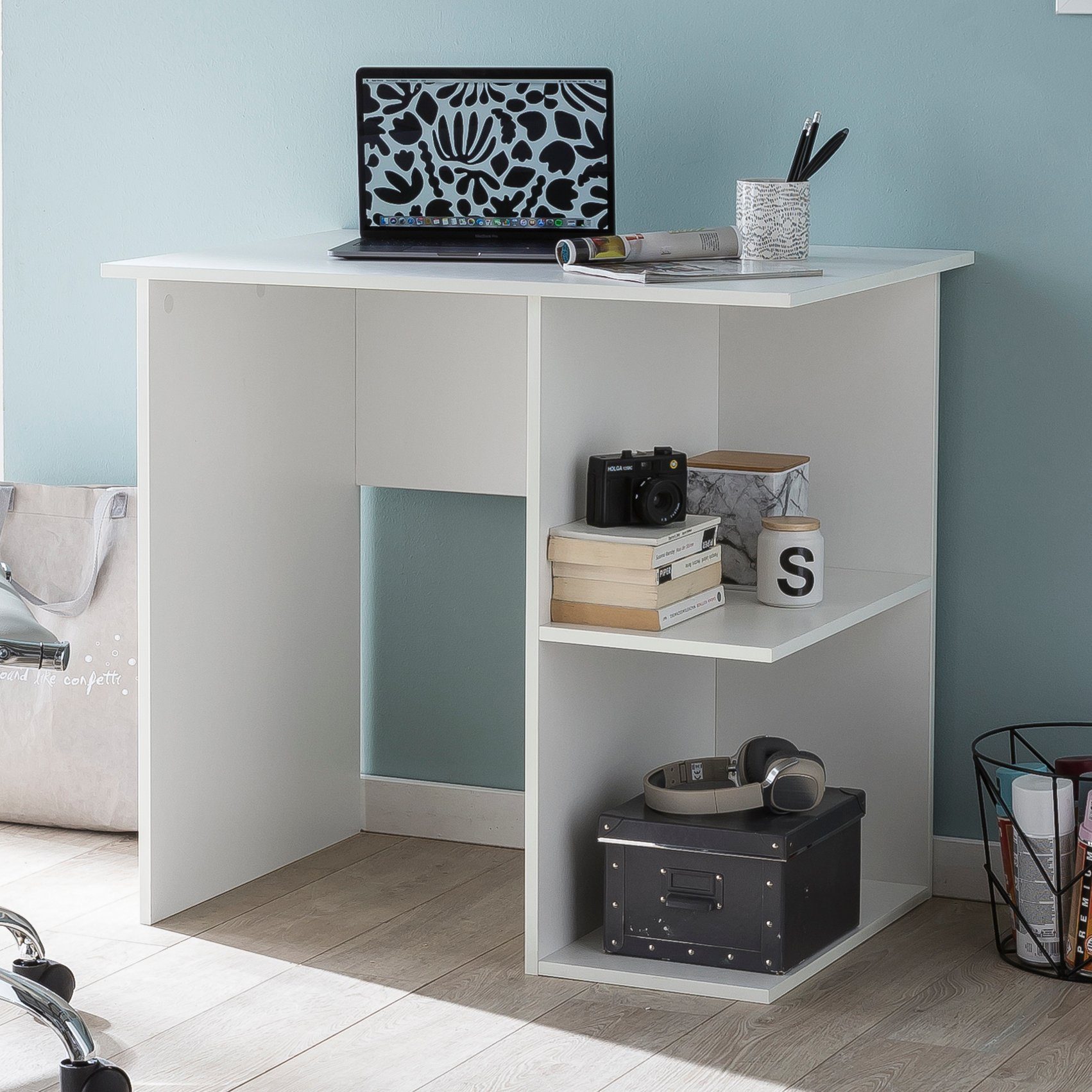 FINEBUY Schreibtisch SuVa13602_1 PC Tisch Arbeitstisch Computer Kinder Büro (Kleiner Arbeitstisch ohne Rollen, Bürotisch Modern), Computertisch Weiß 82 x 60 x 76 cm mit Ablage von FINEBUY