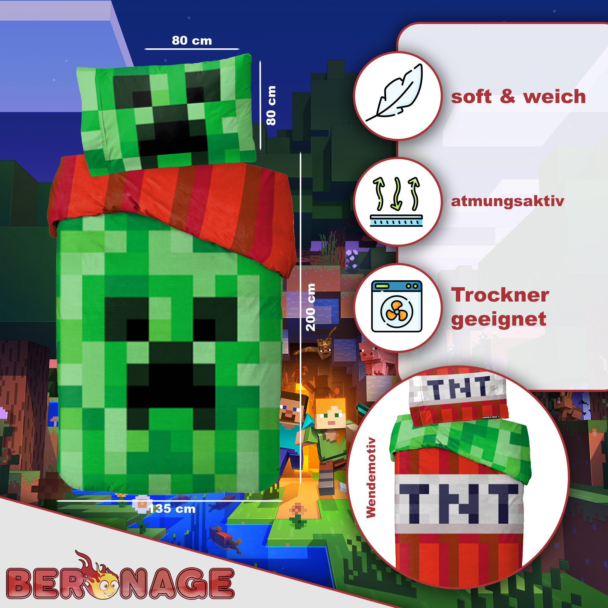 BERONAGE Wendebettwäsche Minecraft Bettwäsche Creeper & TNT Linon / Renforc günstig online kaufen