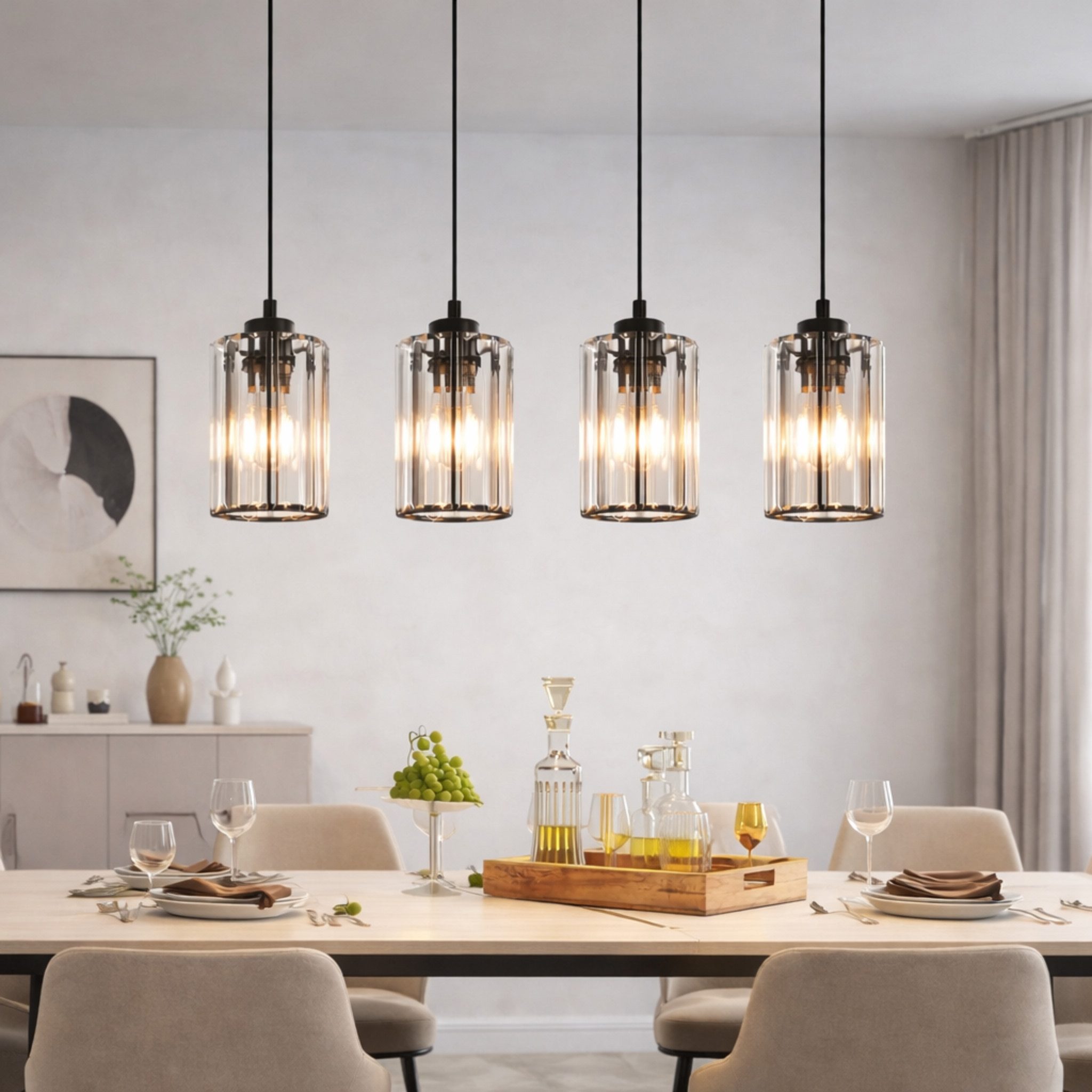 ZMH Pendelleuchte Esszimmer 4 Flammig Schwarz Modern Hängelampe Wohnzimmer Flur, Einfache Installation, ohne Leuchtmittel, Höhenverstellbar Kristall Esstischlampe für Küche