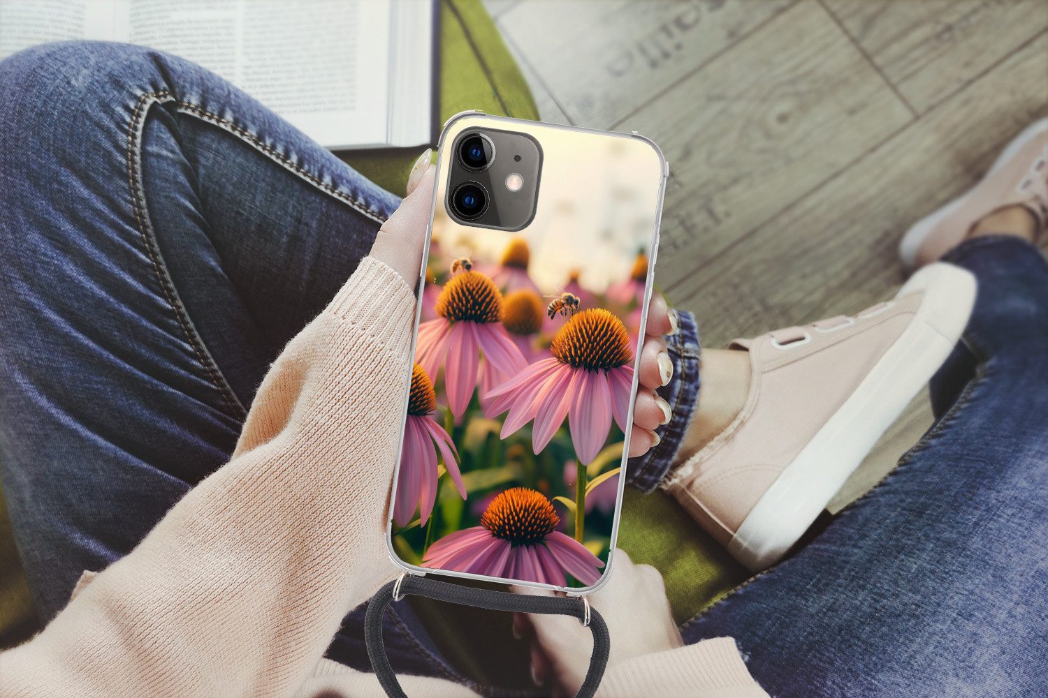 MuchoWow Handyhülle für Apple iPhone 11 Blumen - Lila - Bienen, Tragbare Handyhüllen mit Kette zum umhängen, Handykette Handyband