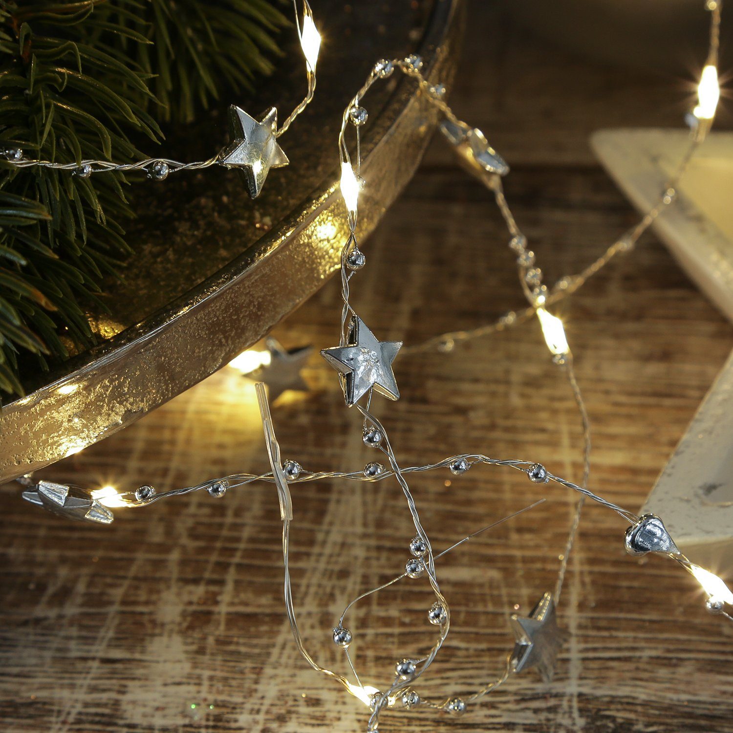 MARELIDA LED-Lichterkette silberne Sterne 20 warmweiße LED Draht Dekolichterkette Weihnachtsdeko, 20-flammig