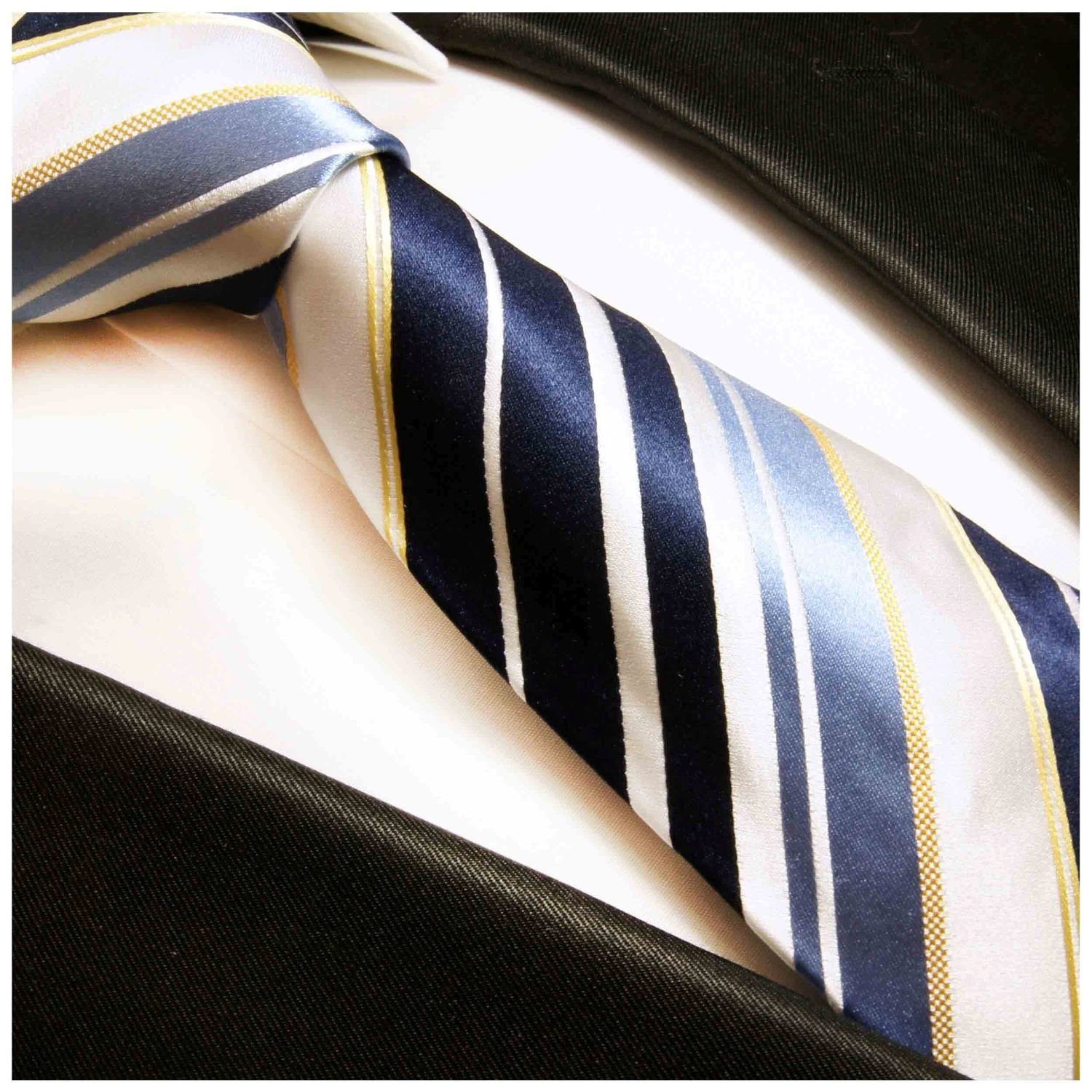 weiß 924 Einstecktuch) (6cm), Tuch (Set, gestreift mit und Seidenkrawatte Seide Krawatte 100% Malone Schmal 2-St., Herren Krawatte blau Paul