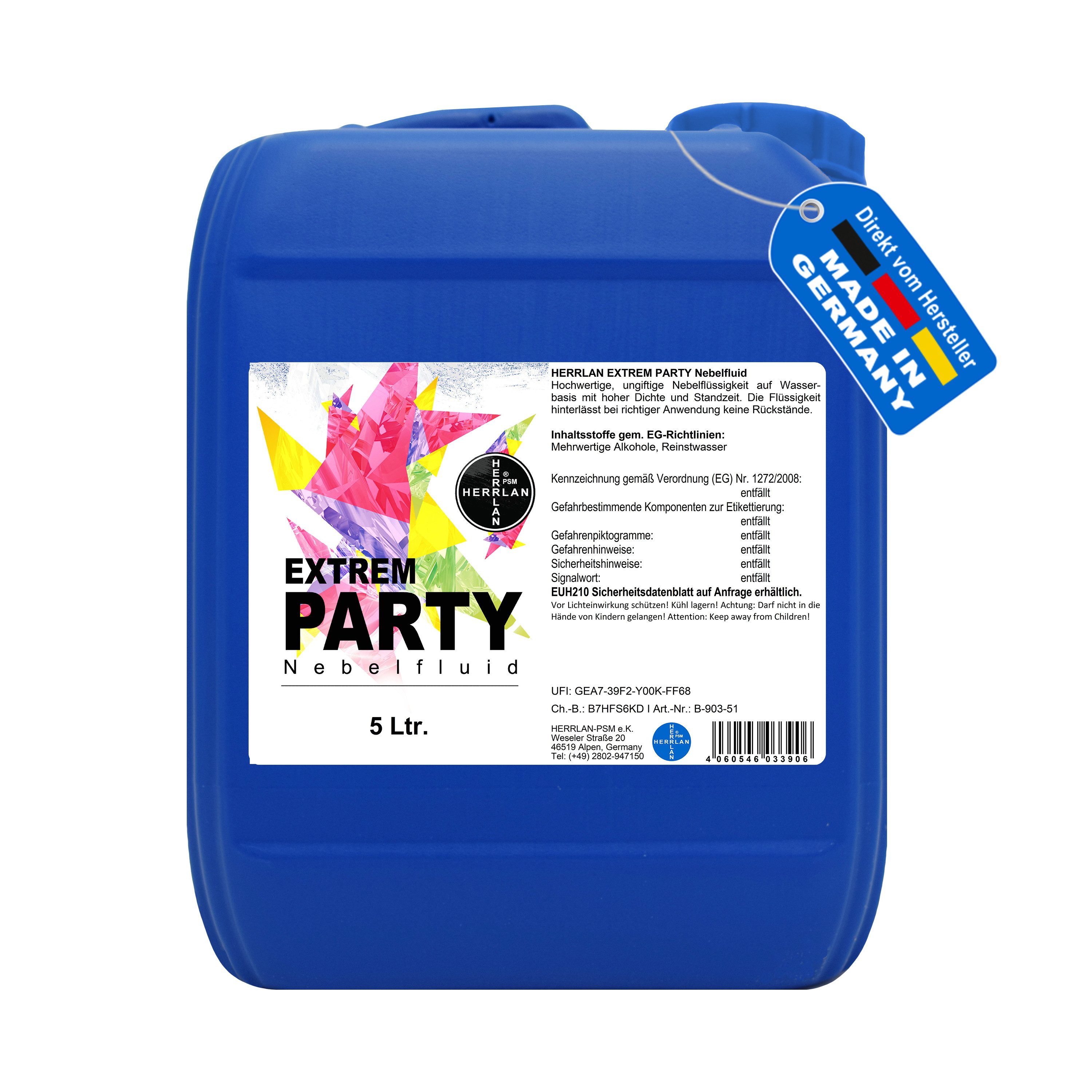 HERRLAN Discolicht EXTREM PARTY Nebelfluid universelle wasserbasierte Nebelflüssigkeit, 5 Liter, mit extrem hoher Dichte und hoher Standzeit.