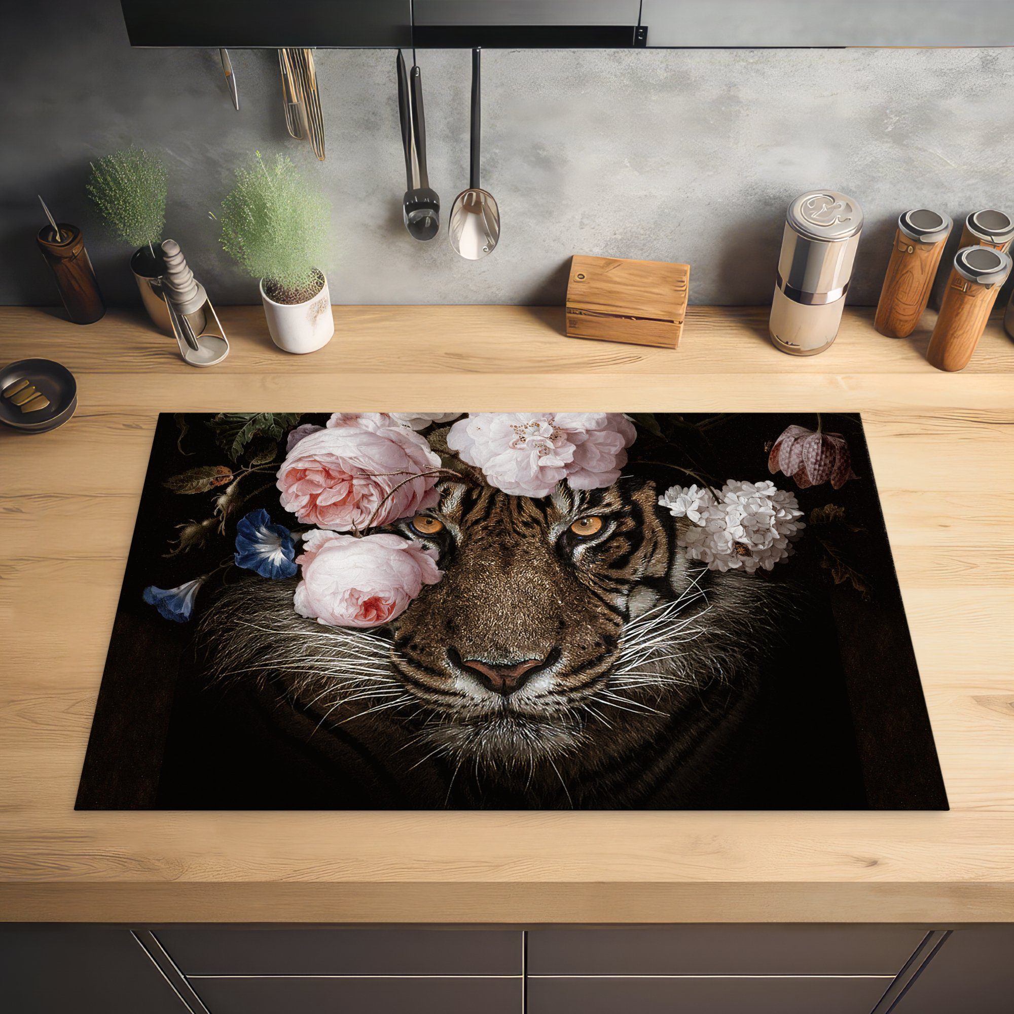 tlg), Tiger - 81x52 Vinyl, für cm, Induktionskochfeld Schutz Blumen (1 Herdblende-/Abdeckplatte - die Porträt, Ceranfeldabdeckung küche, MuchoWow