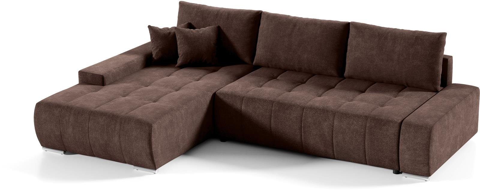 Ecksofa Schlaffunktion, Steppung, Braun mit KLARA mit Velourstoff L-Form Compleo aus Ecksofa