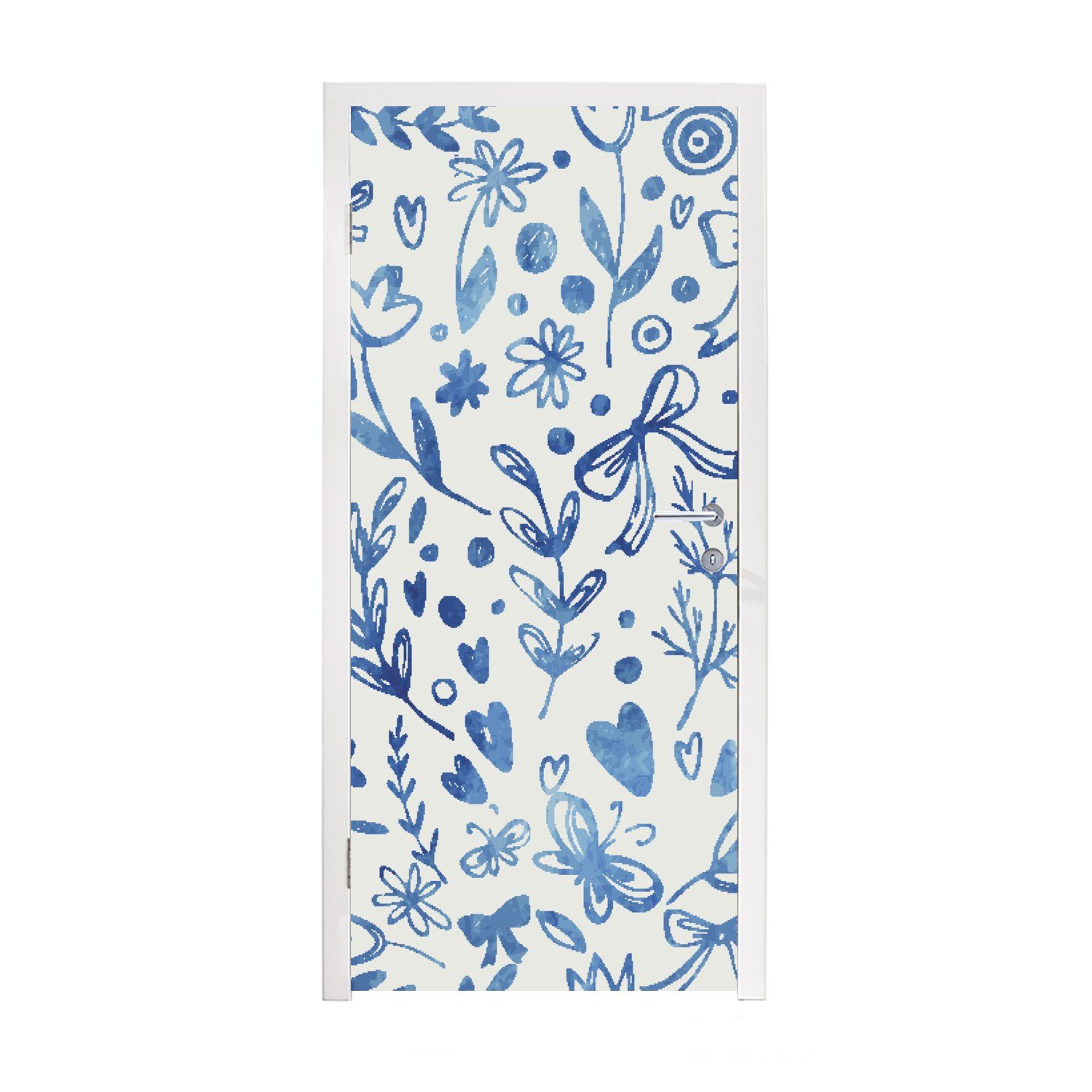 MuchoWow Türtapete Ein florales Muster in blauen Farben, Matt, bedruckt, (1 St), Fototapete für Tür, Türaufkleber, 75x205 cm