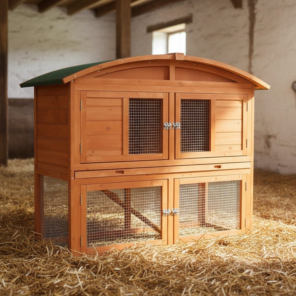 Mucola Kleintierkäfig Runddach Kaninchenstall Freigehege Freilauf Käfig Holz Hasenkäfig, herausnehmbare Schublade