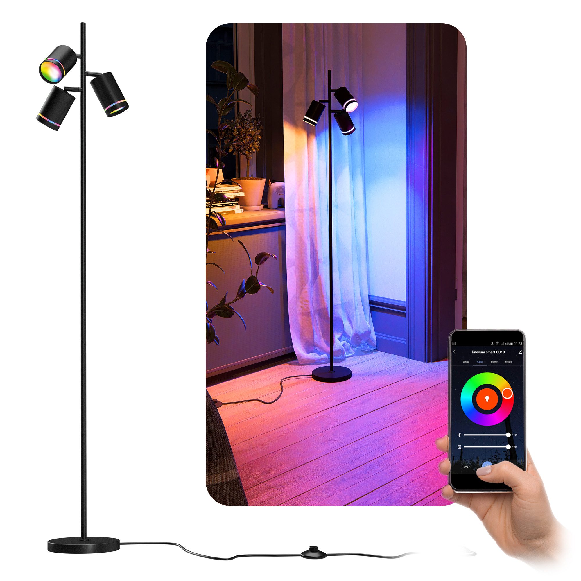 linovum LED Spiegelleuchte Stehleuchte TAVIRA mit GU10 Lampen Smart WIFI RGB WLAN Bodenlampe Spot, Smart