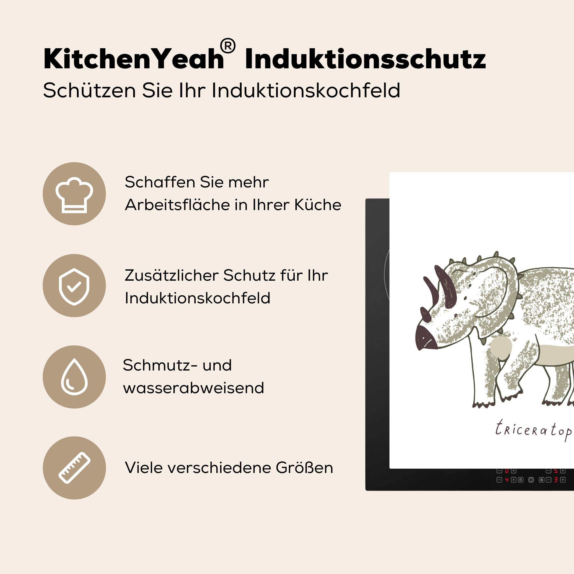 MuchoWow - cm, für (1 - Jungen Vinyl, tlg), - Arbeitsplatte Mädchen Kinderzimmer Ceranfeldabdeckung, Dinosaurier - 78x78 küche Triceratops Herdblende-/Abdeckplatte - Kinder,