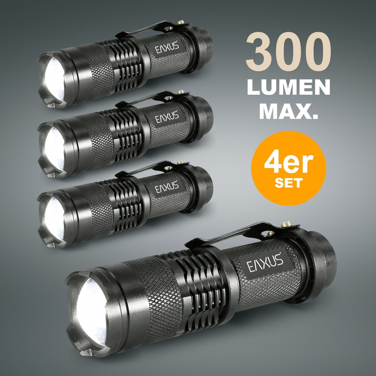 EAXUS LED Taschenlampe Taschenlampe Glow-X Profi Minitaschenlampe mit Clip (4-St), mit Clip zur Befestigung, 3 Leuchtmodi, Blink-Funktion, Zoom-Funktion