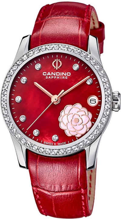 Candino Quarzuhr »Candino Damen Armbanduhr Elegance«, (Armbanduhr), Damen Armbanduhr rund, Lederarmband rot, Fashion