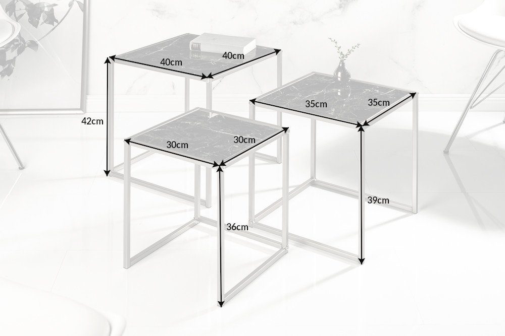 (Set, ELEMENTS Modern Metall Beistelltisch · · riess-ambiente Marmor-Optik Glastisch 40cm · schwarz 3-St), Design
