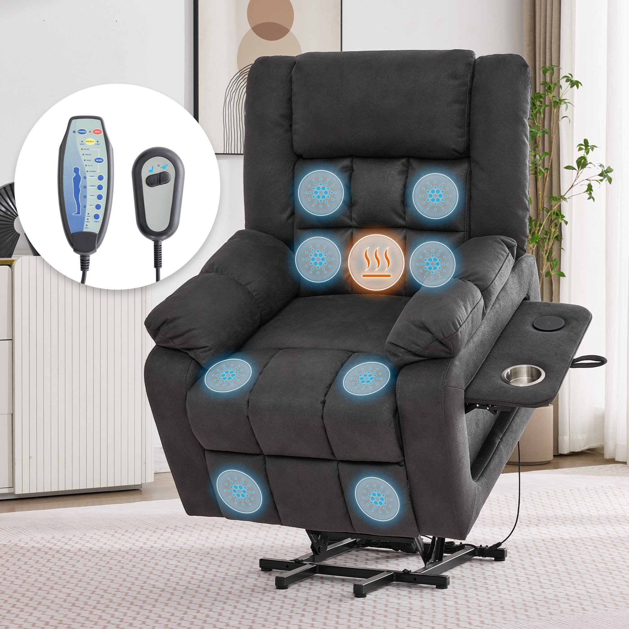 OKWISH Relaxsessel TV-Sessel mit elektrischer Aufstehfunktion (Einsitzer-Sofa, Lounge-Sessel, 1-St., 2 Side Pockets and Drink Holder), Es verfügt über Massage- und Heizfunktionen.