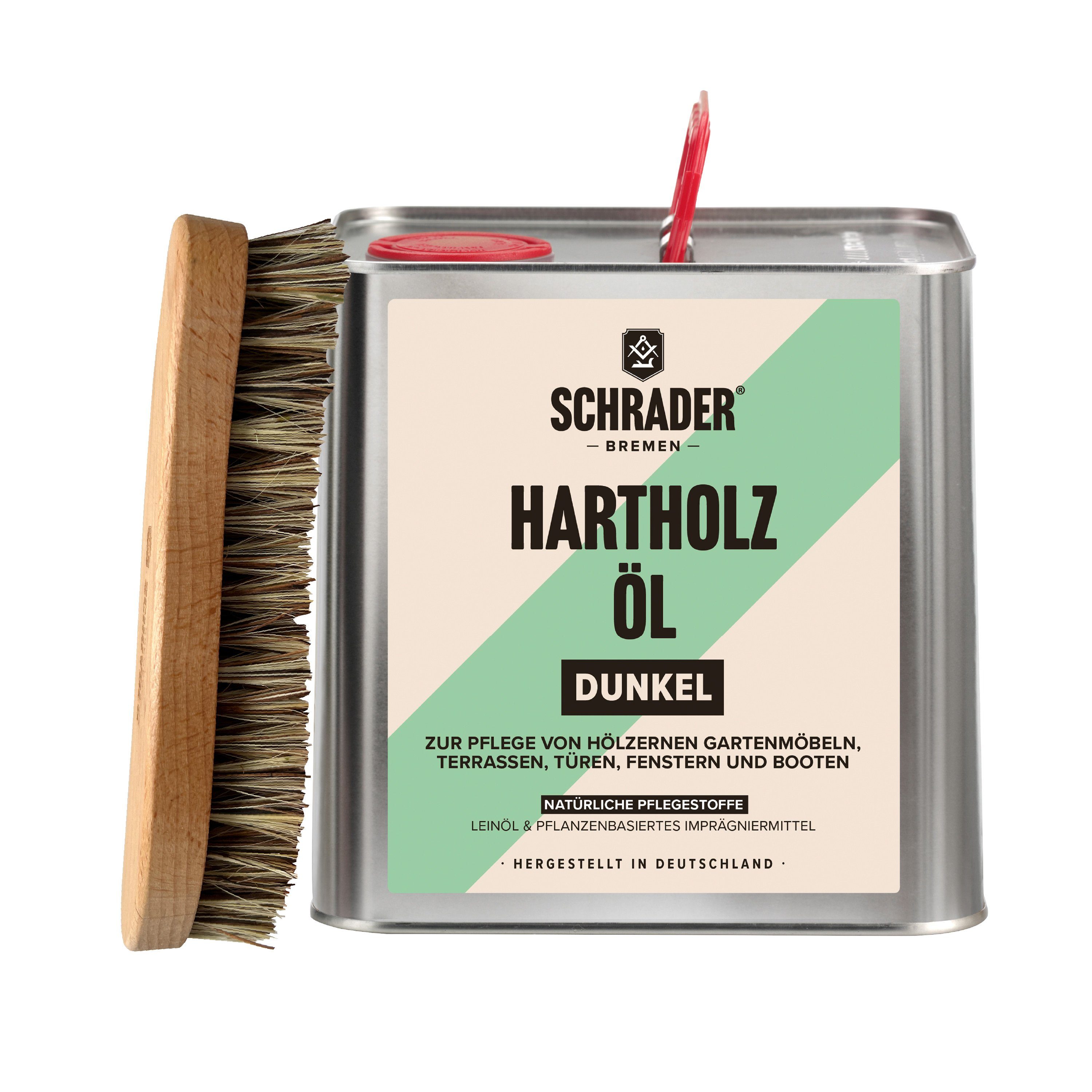 Schrader Hartholzöl 2,5L Enthält mit Schmutzbürste Made dunkel -, - - 2-teilig und Terrassenöl Pflegeset - in Hartholzöl Teaköl - Germany