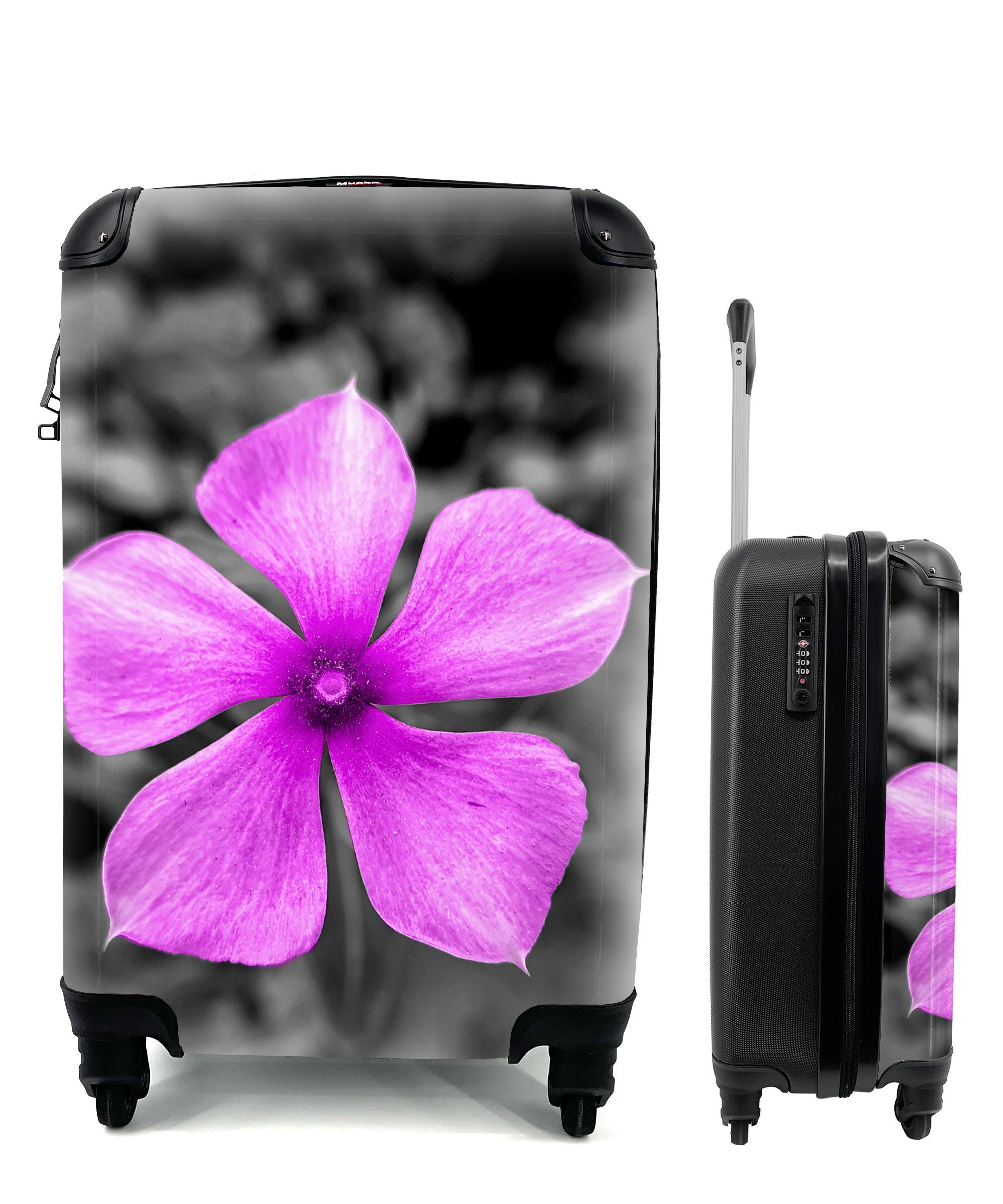 MuchoWow Handgepäckkoffer Blumen - Schwarz - Weiß - Lila, 4 Rollen, Reisetasche mit rollen, Handgepäck für Ferien, Trolley, Reisekoffer | Handgepäck-Koffer