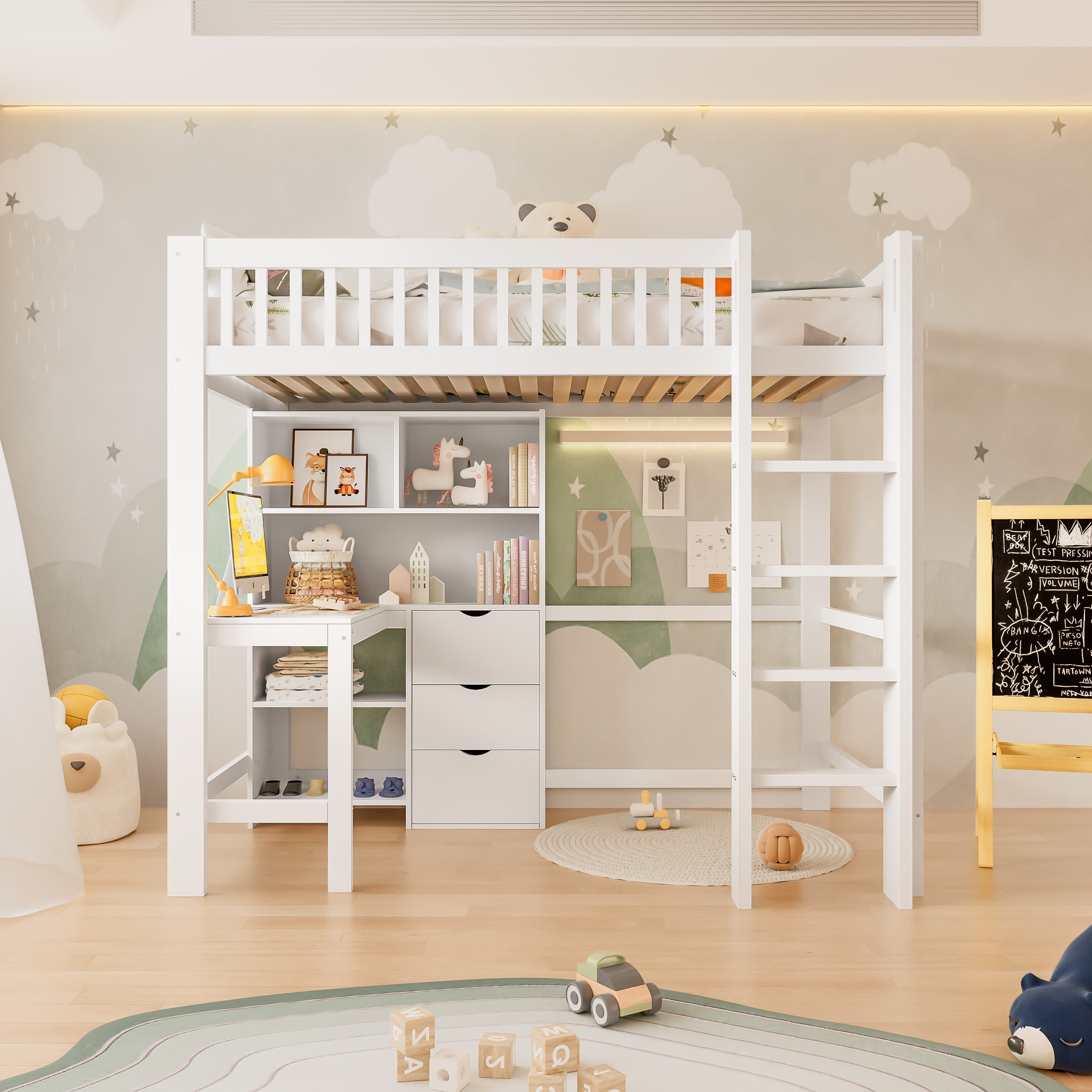 HAUSS SPOLE Hochbett 90x200 mit Schreibtisch,Jugendbett Stauraumbett mit Geländer®al (Doppeltür mit Stauraum für Kleidung & Accessoires, Modernes Design, 70 x 40 x 170 cm)