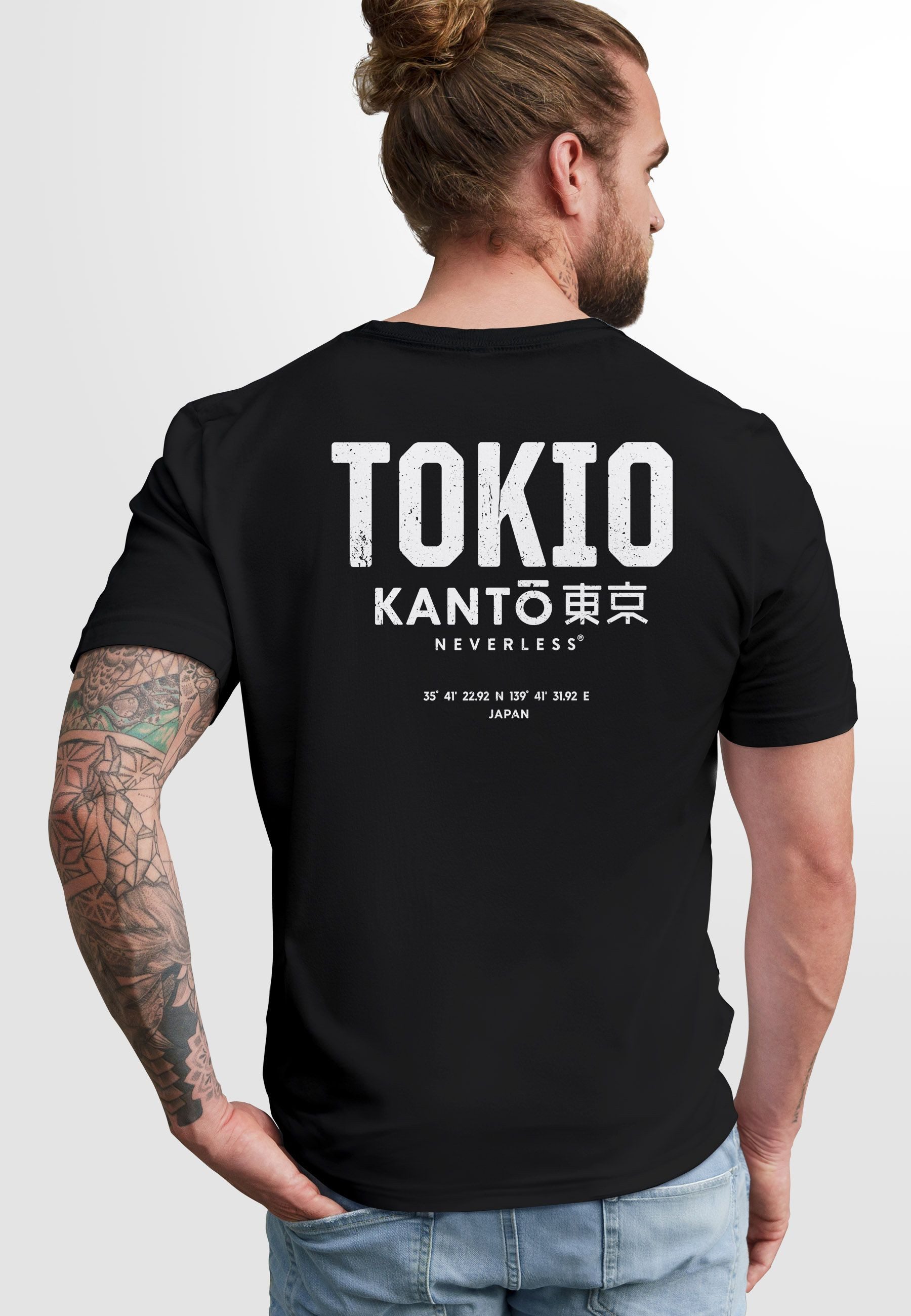 Neverless Print-Shirt Herren T-Shirt Backprint Tokyo Japan Japanische Schriftzeichen Grafik mit Print
