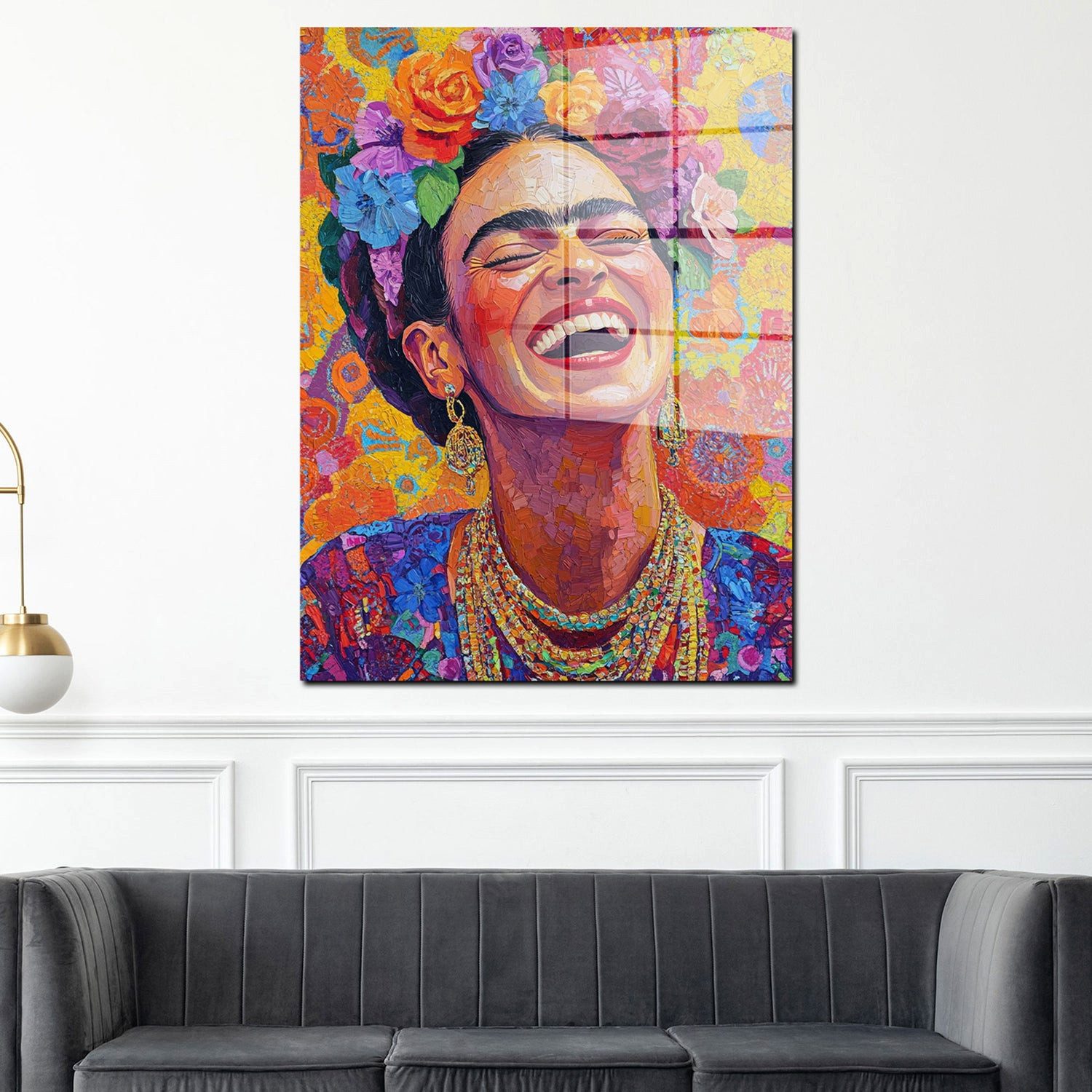 Artedinoi Acrylglasbild Frida mit Blumen Pop Art Acrylglas Wandbild Bild Wanddeko Wohnzimmer X