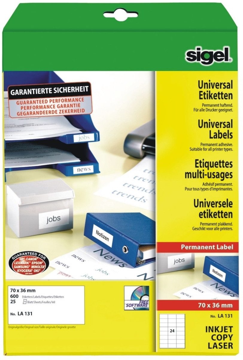 Sigel Etiketten Etiketten Inkjet/Laser Kopier 70x36mm VE=600 Stück (25 Blatt) weiß