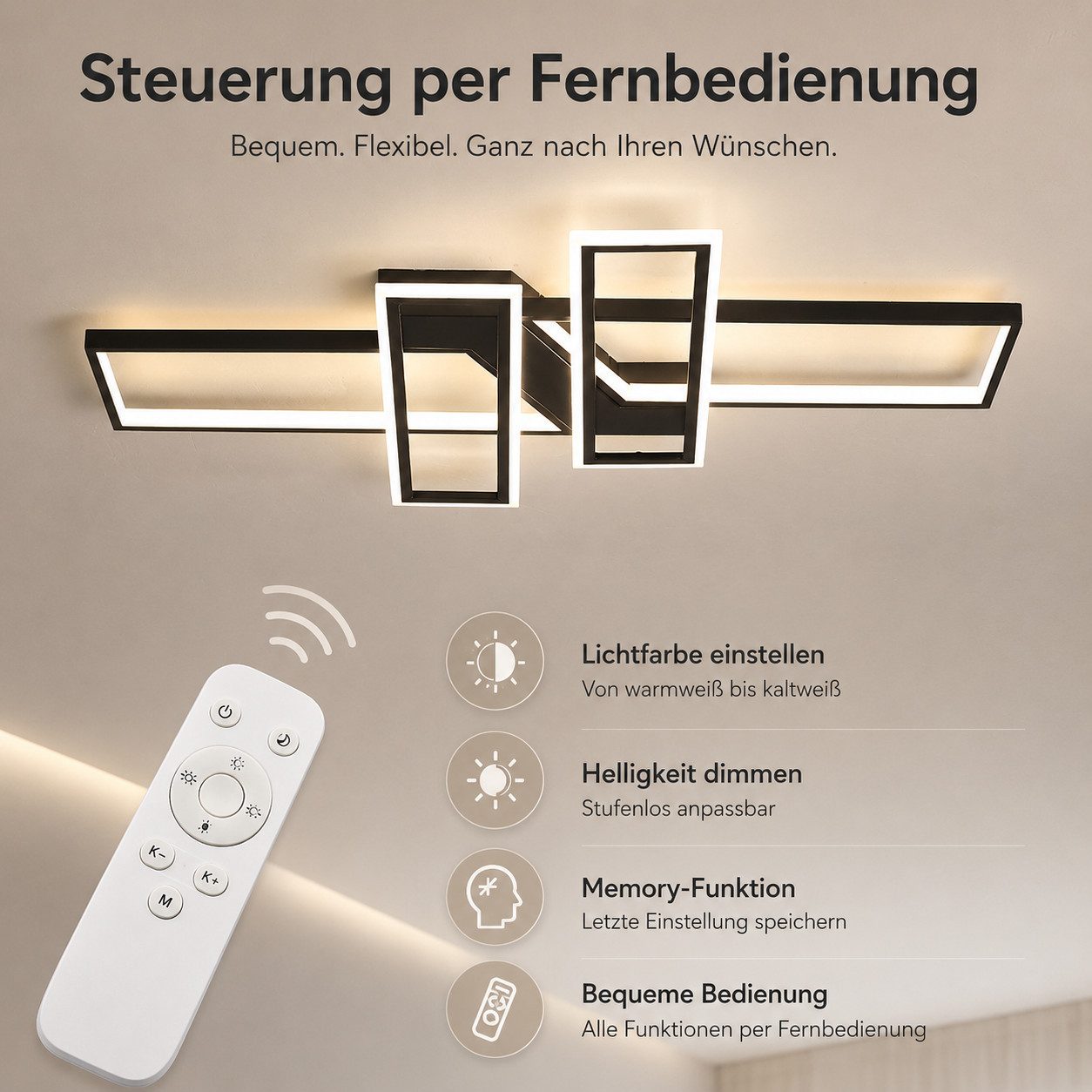 OYLCDI Deckenleuchten LED Deckenlampe 6 Rahmen,Dimmbar mit Fernbedienung für Wohnzimmer, LED fest integriert, 94W 3000-6500k, Modern Runde Wohnzimmer Schlafzimmer Arbeitszimmer Esszimmer Dekoration Lampen, Wohnzimmer-Leuchte