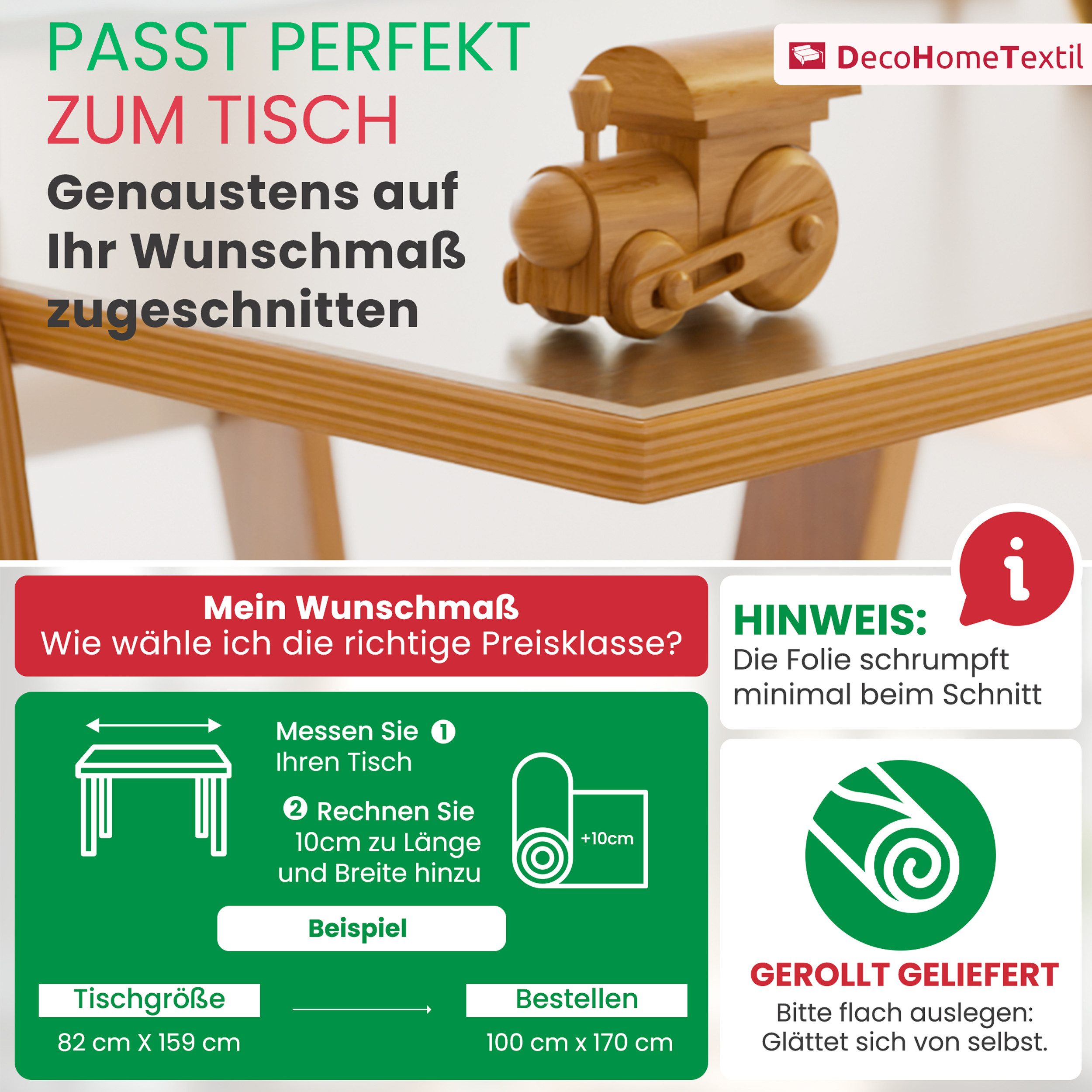 DecoHomeTextil Heimtextilmanufaktur Tischdecke Transparente Folie 2mm abgeschrägte V Kante Schutzfolie, robust, reißfest, schalldämmend