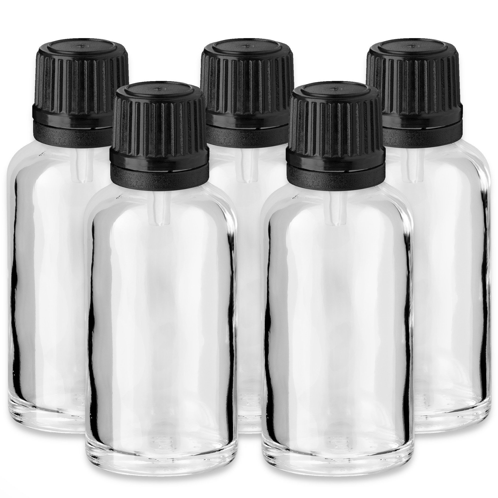 CK Verpackung GmbH Tropfer 5x Klare Glasflasche 30 ml mit schwarzem Tropfeinsatz Apothekerflasche