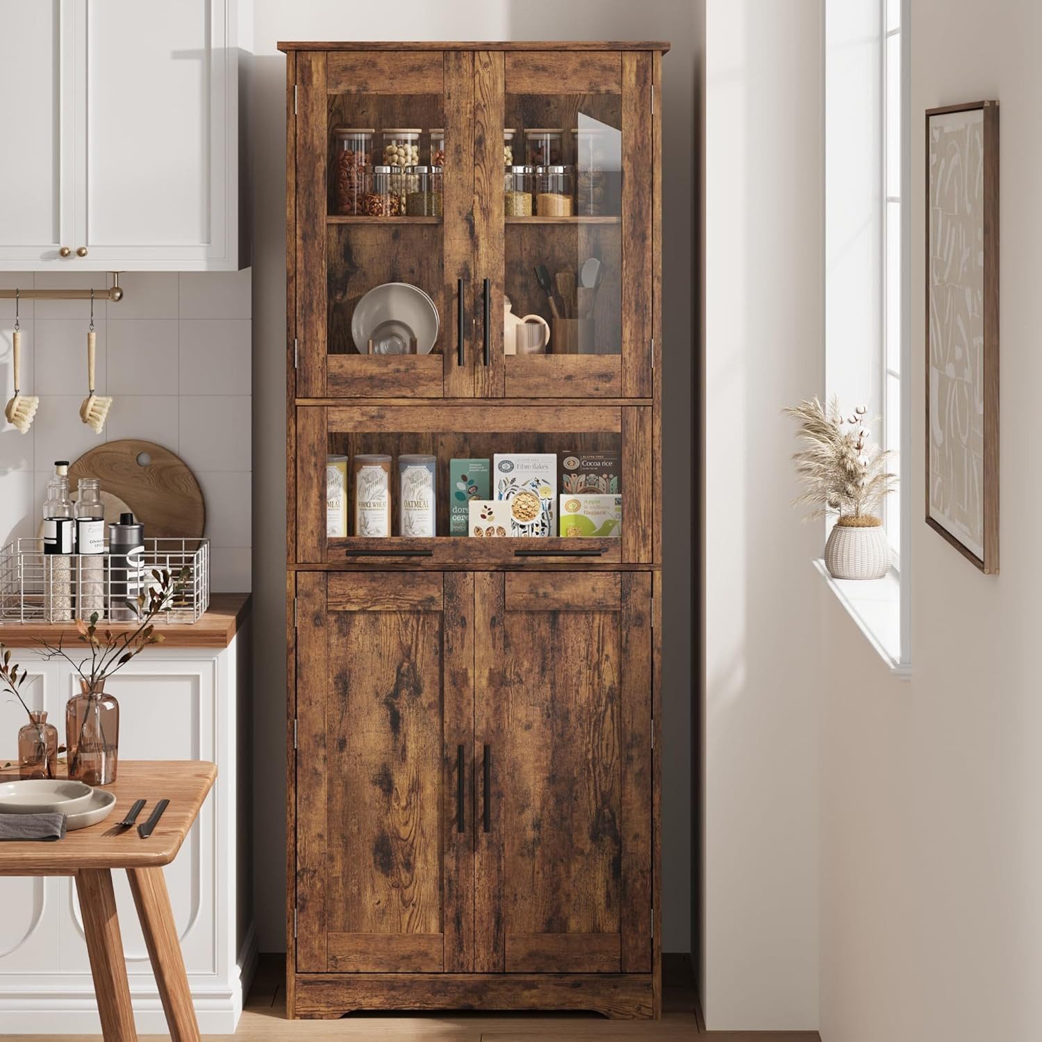 GarveeMore Küchenbuffet mit 5 Türen & 2 verstellbaren Regalen,60x30x170cm Mehrzweckschrank,Küchenschränke,für Küche und Wohnzimmer