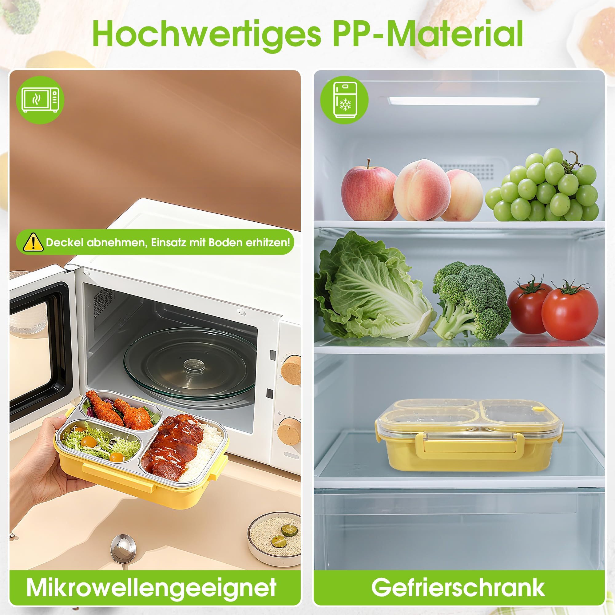 FOUORTUNATE-BEE Lunchbox 800ml Lunchbox Brotdose Edelstahl mit 3 Fächern, ABS und Edelstahl, (Unabhängiger Dichtungsring, Auslaufsicher Lunchbox) – Bild 5 von 5