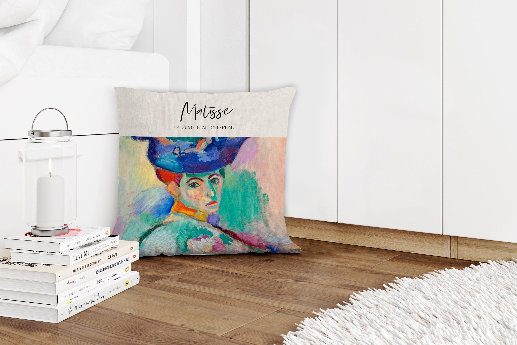 mit MuchoWow chapeau, - Wohzimmer, Dekokissen Henri für - au Kunst Sofakissen Schlafzimmer, femme La Matisse Füllung Deko, Zierkissen