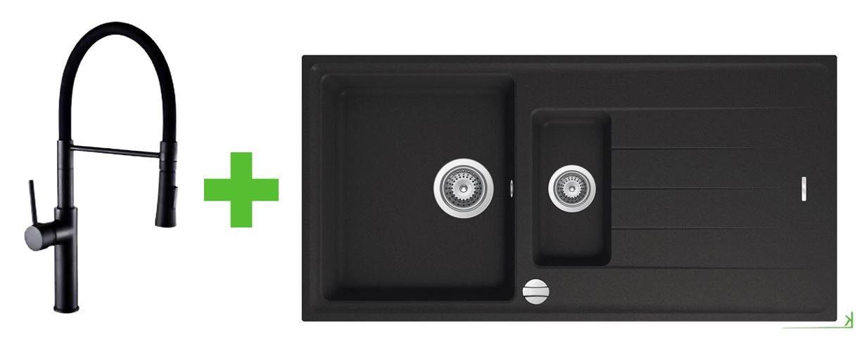 keenberk Granitspüle SET Spüle+Mischer für Küche+Granitspüle+Armatur Mischbatterie schwarz