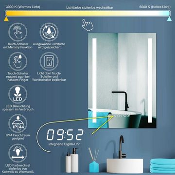 HOKO Badspiegel LED Design Wandspiegel 50x70/60x80cm+Uhr+ LED Wechsel (Warmweiß - Kaltweiß - Neutral. Licht mit Touch Schalter und mit Wandschalter einschaltbar. Memory-Funktion.IP44, 5mm HD Glass)