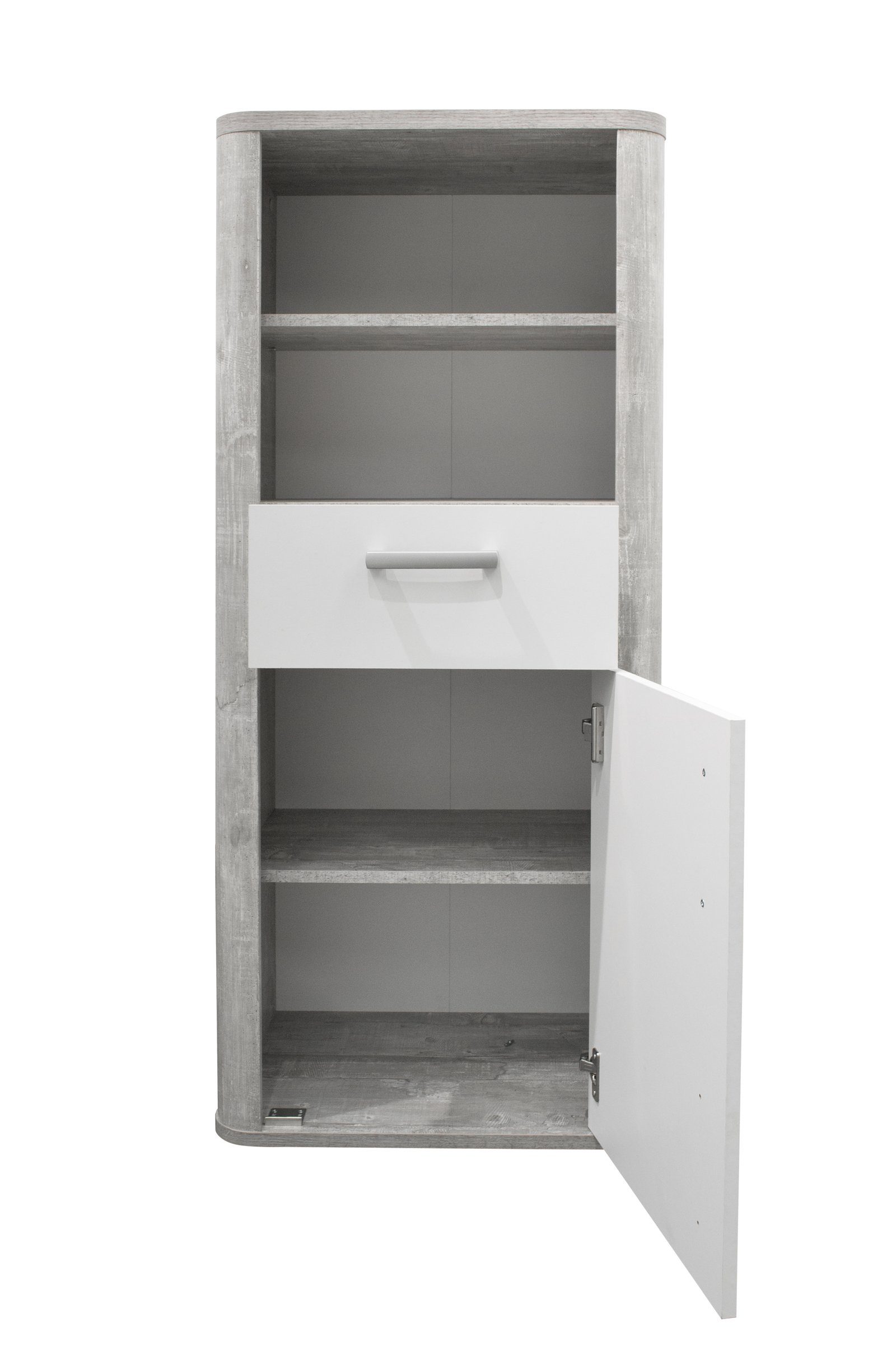 möbelando Beistellschrank Frieda in vintage wood grey / weiß matt lack mit einer Schublade und einer Tür. Abmessungen (BxHxT) 55x128x41 cm