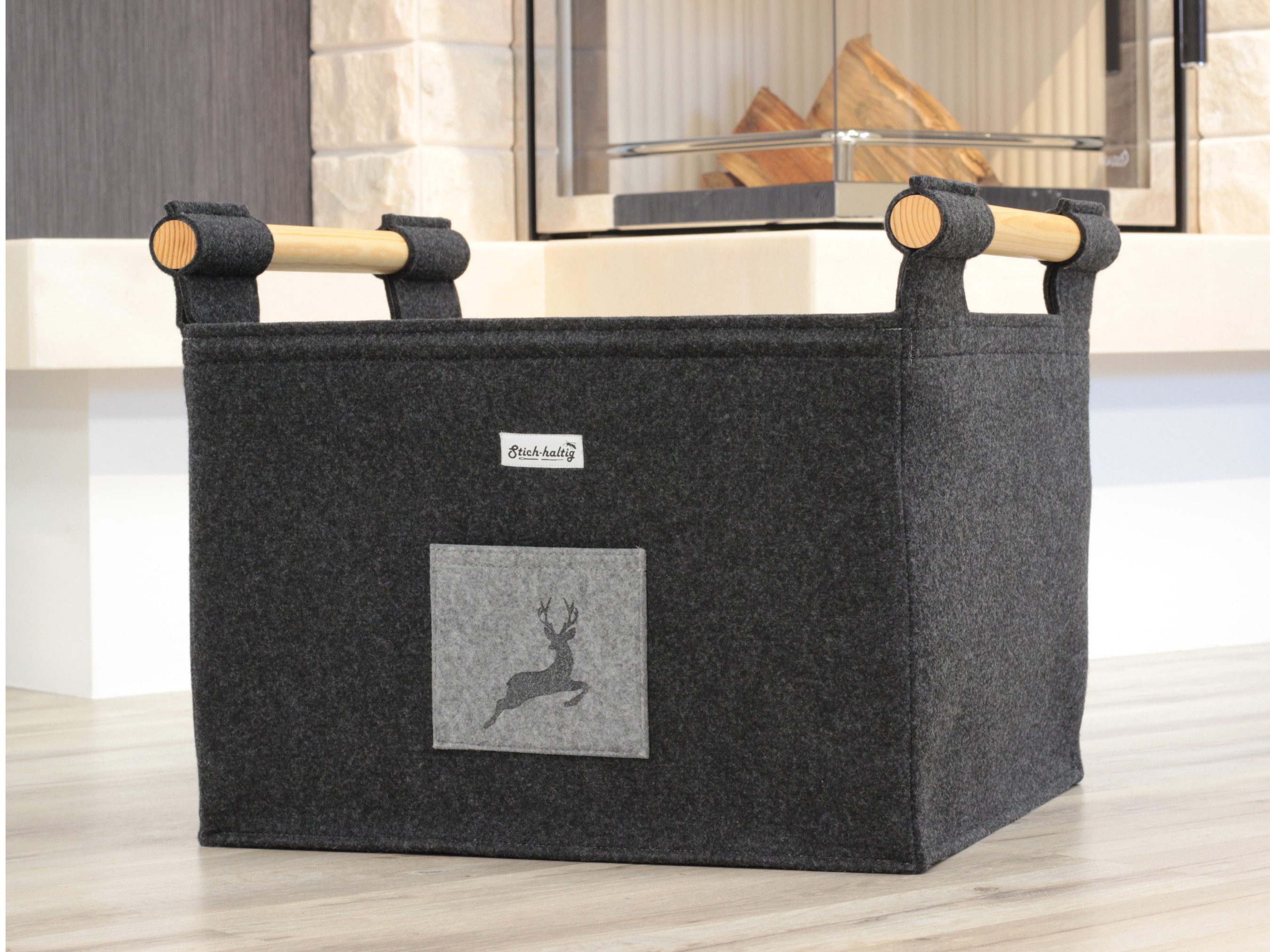 Stich-haltig Kaminholzkorb Filzkorb mit Hirschmotiv günstig online kaufen