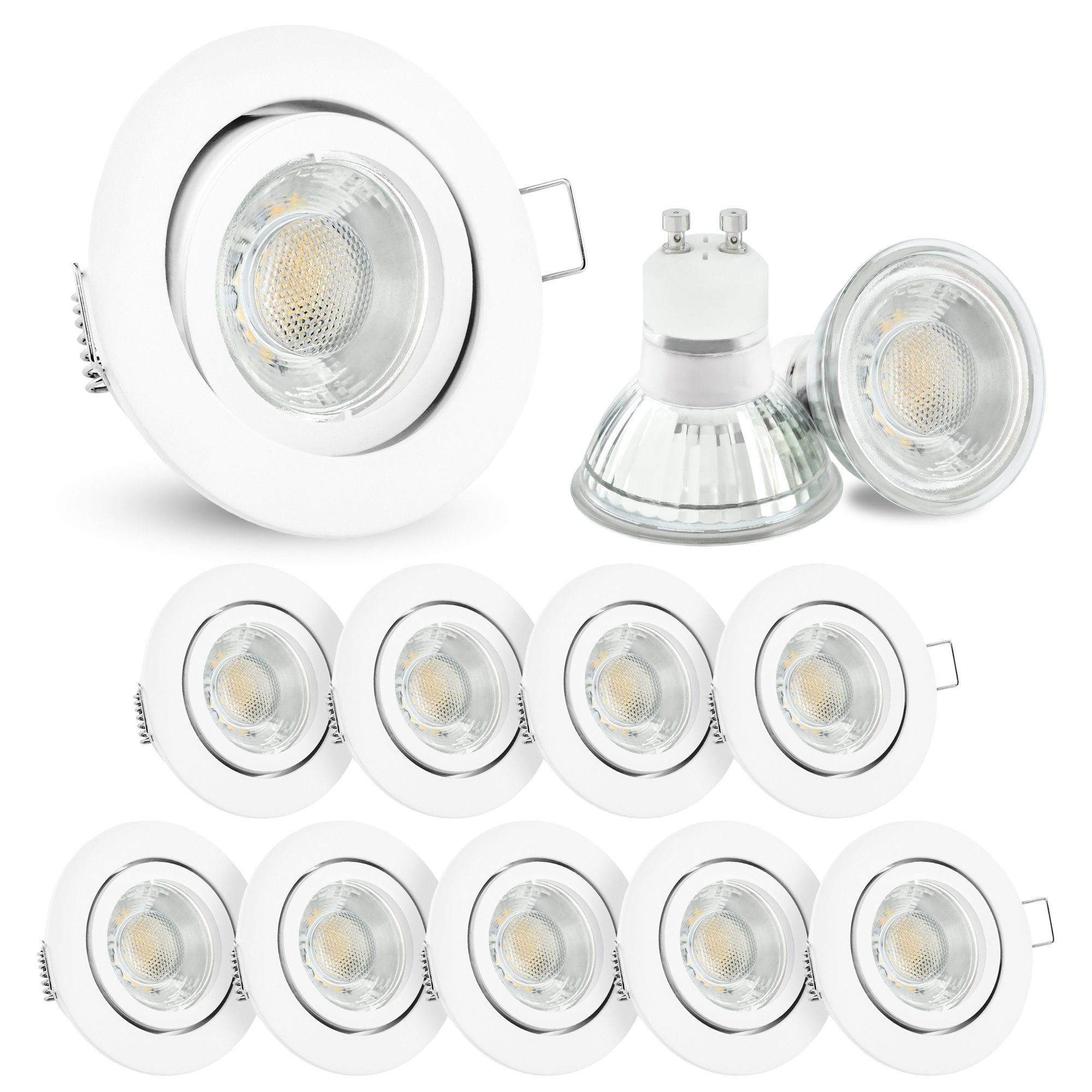 linovum LED Einbaustrahler 10 x LED Einbaustrahler weiss rund schwenkbar Spot inkl. LED GU10, Leuchtmittel inklusive, Leuchtmittel inklusive