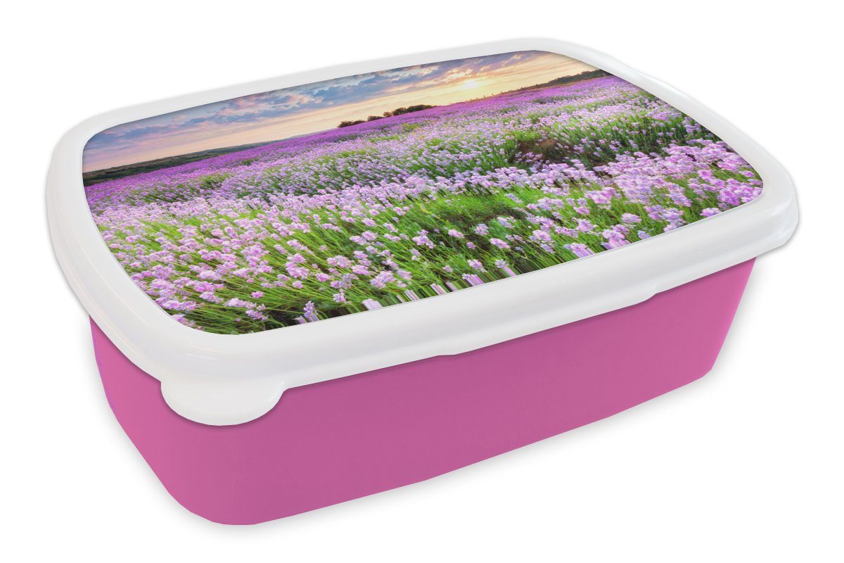 MuchoWow Lunchbox Blumen - Lavendel - Lila - Himmel - Sonnenuntergang - Wiese - Natur, Kunststoff, (2-tlg), Brotbox für Erwachsene, Brotdose Kinder, Snackbox, Mädchen, Kunststoff rosa