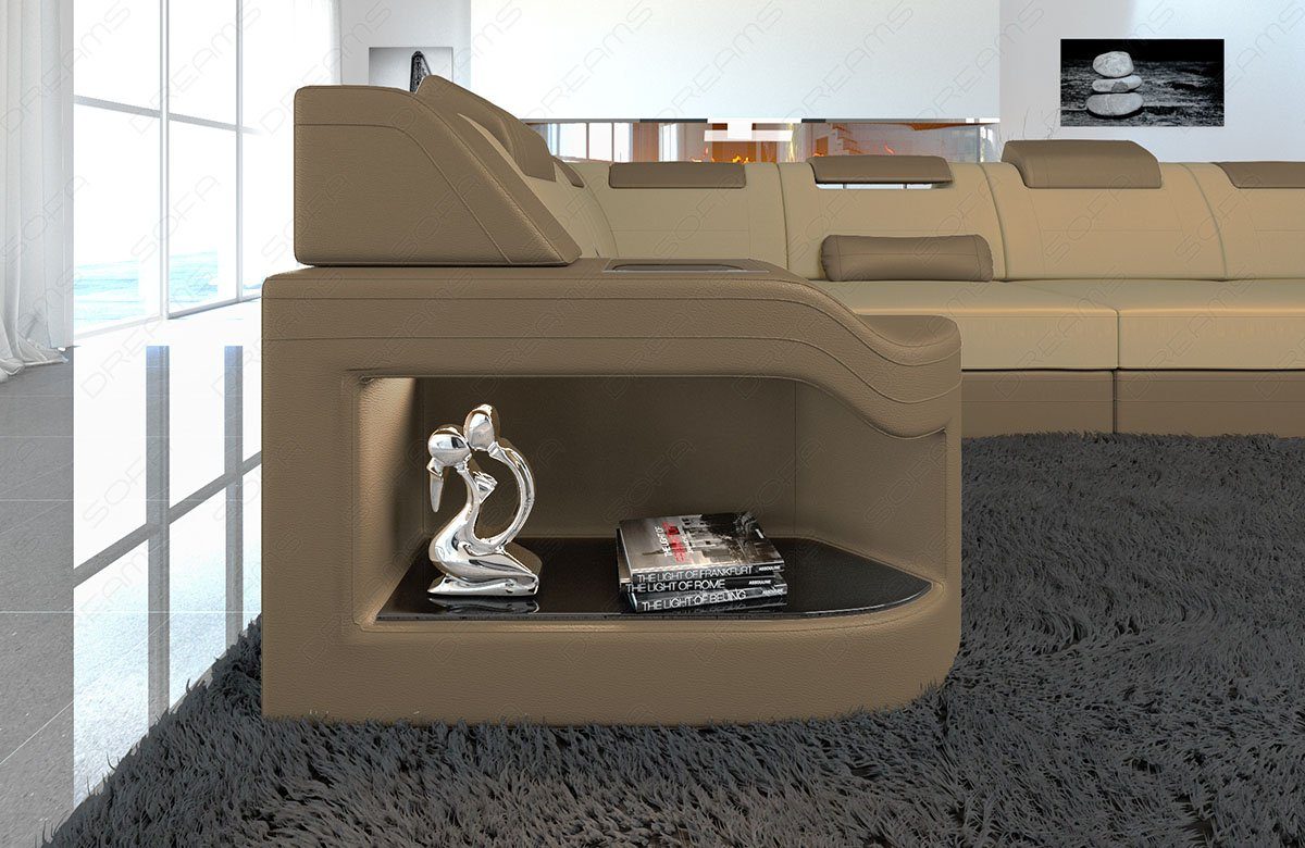 Dreams M Design Polster Form Couch Wohnlandschaft Bettfunktion U wahlweise Stoff Sofa Padua Stoffsofa Sofa, Mikrofaser mit beige-sandbeige