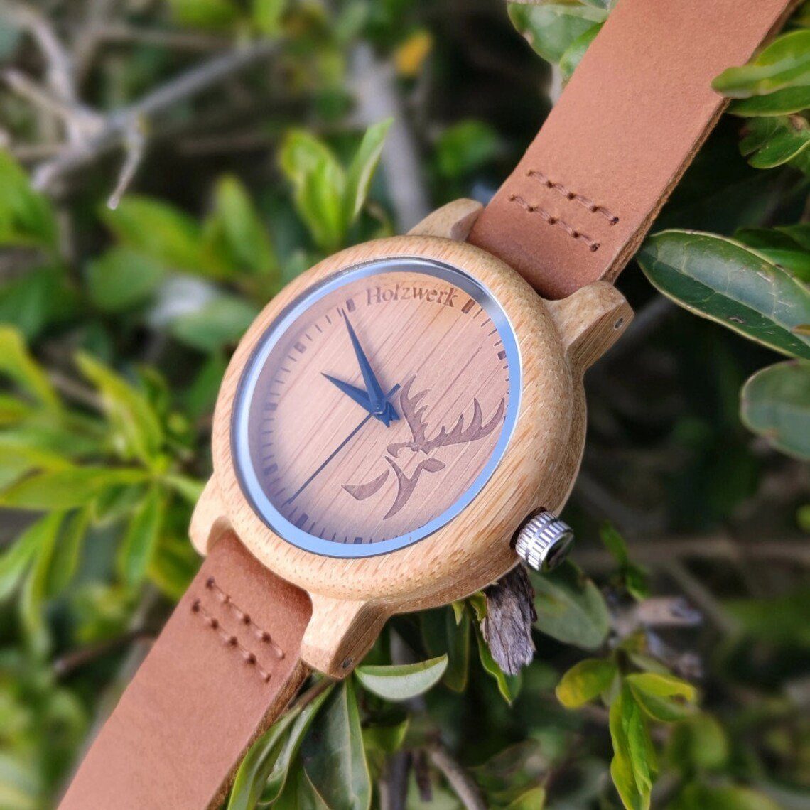 Holz Leder beige Holzwerk Armband Uhr, Damen Hirsch kleine Quarzuhr & Logo, GERA braun,