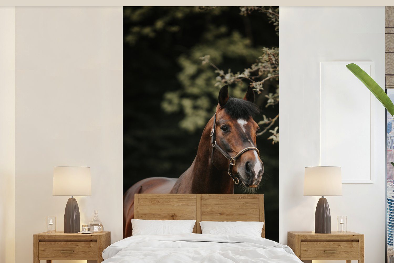MuchoWow Fototapete Pferd - Äste - Porträt, Matt, bedruckt, (2 St), Vliestapete für Wohnzimmer Schlafzimmer Küche, Fototapete