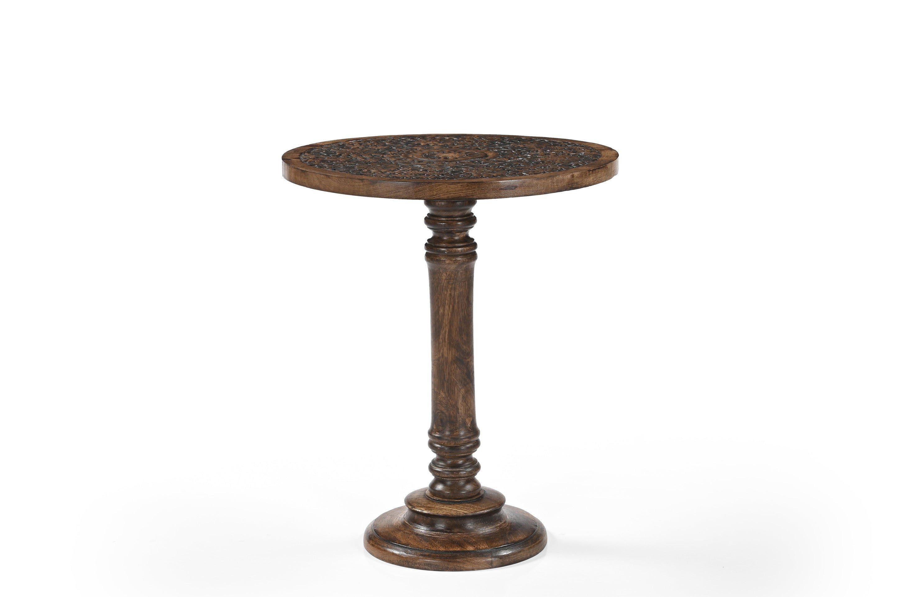 iAnanas Beistelltisch Orientalischer Beistelltisch Holz Dekotisch (Massivholz Beistelltisch Antikbraun - Rund mit geschnitztem Muster, 1-St), Orientalischer Sofatisch Massivholz - Mandala Holztisch Unikat