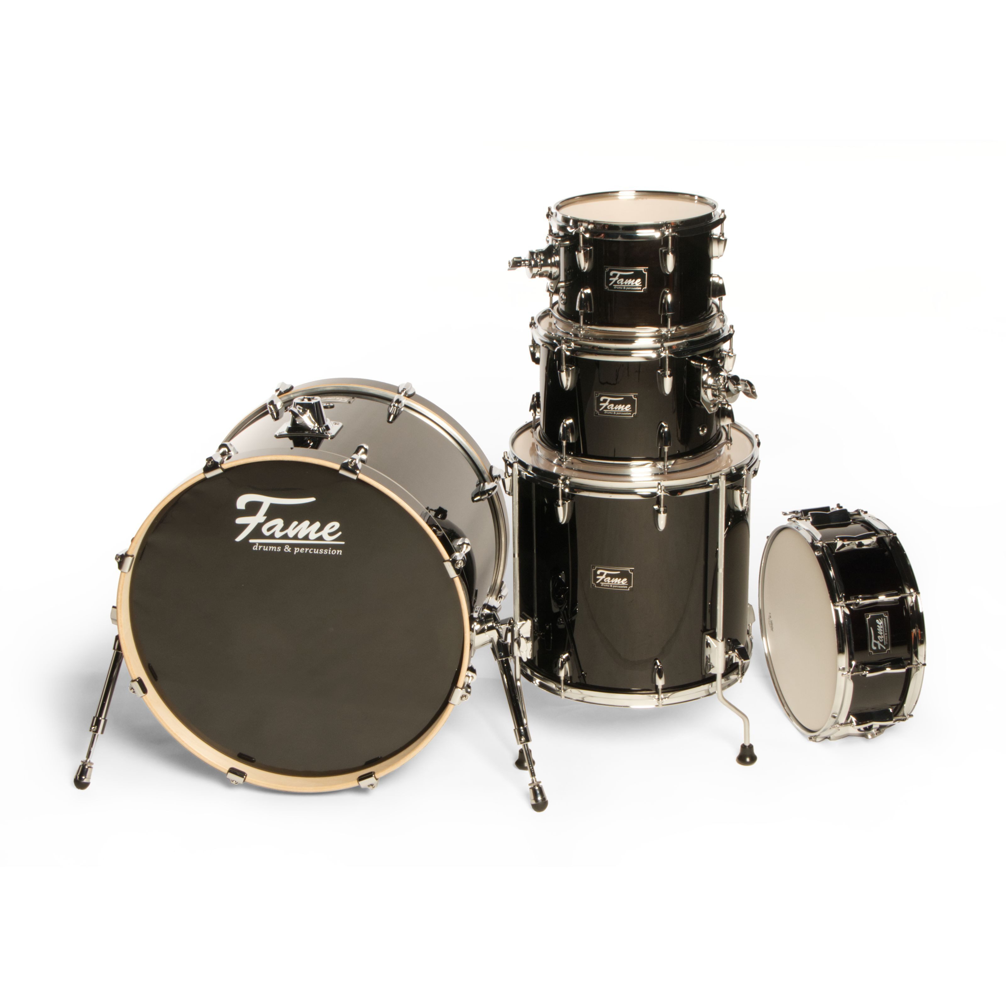 FAME Kesselsatz,Stage Series Rock Shell Set Satin Black 22" BassDrum 10" 12" Toms 16" Floor Tom 14" Snare Birkenholz Chrom Hardware Freischwingende Tomaufhängung Vorgedämpftes BassDrum-Fell", Schlagzeuge, Kesselsätze, Stage Series Rock Shell Set, Birkenholz, Freischwingende