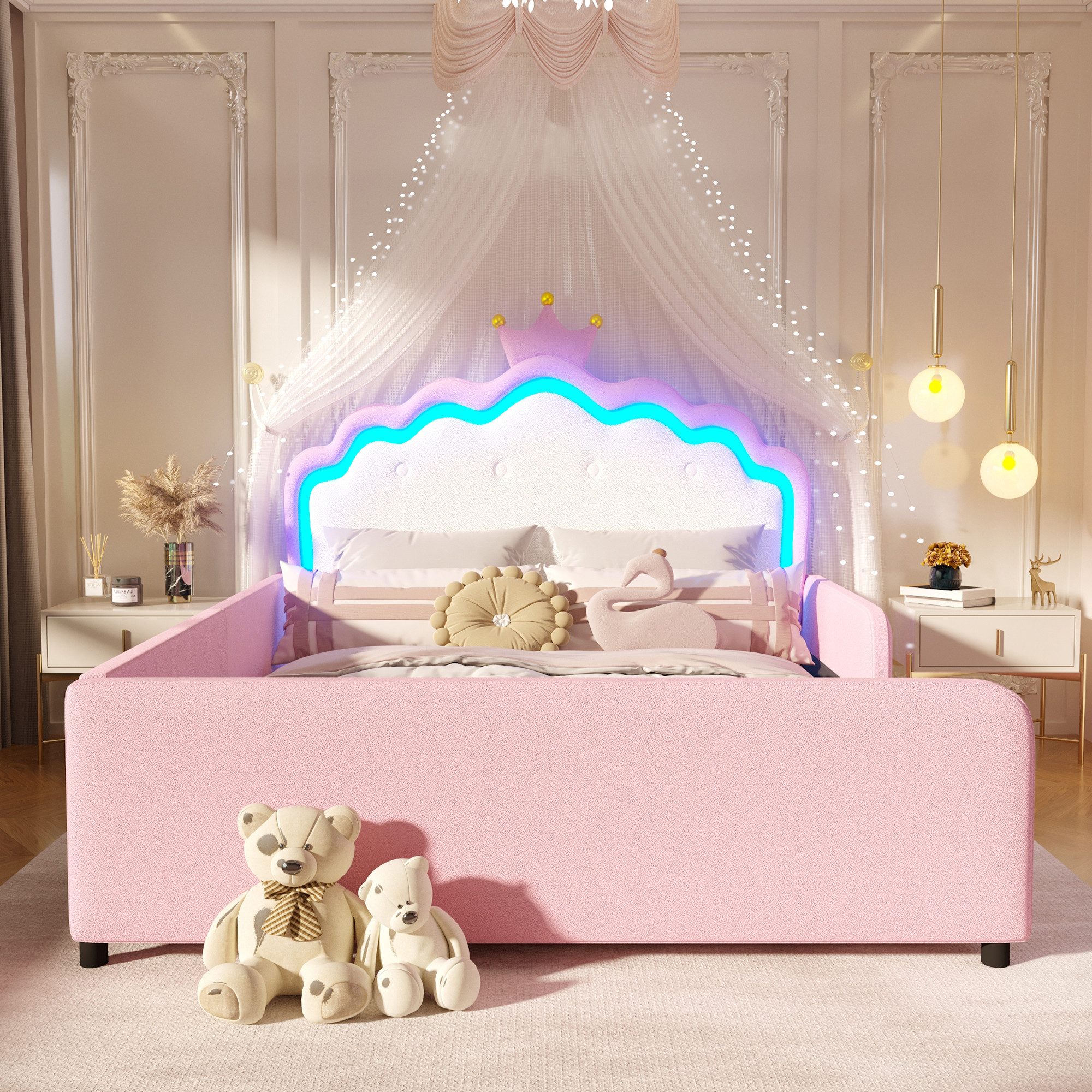 Merax Polsterbett mit LED-Beleuchtung, Prinzessinnenbett mit Kronen-Kopfteil (1-tlg), Kinderbett 140x190cm mit Sicherheitsgitter, Jugendbett aus Kunstleder
